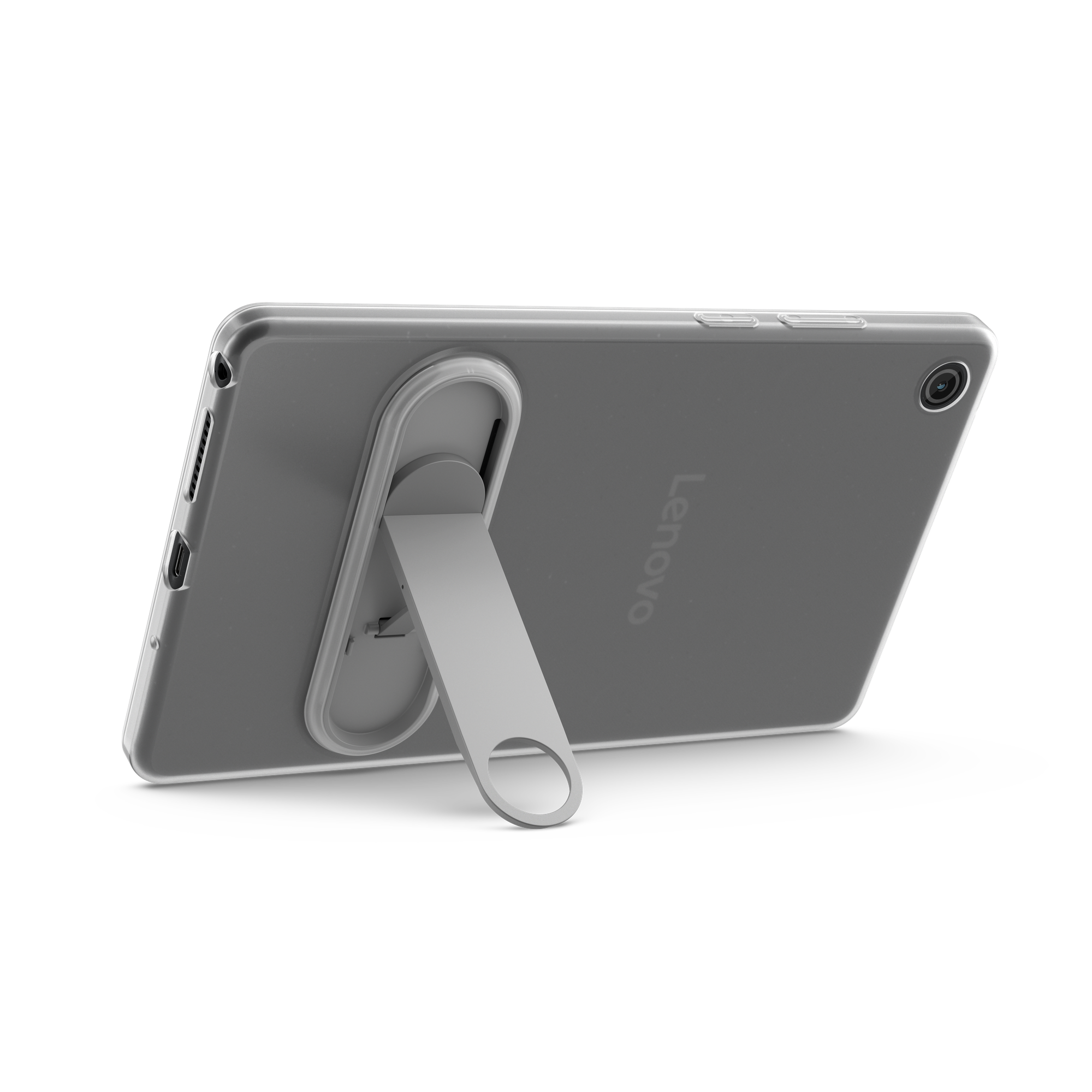 Graues Lenovo Tablet mit silbernem Ständer auf schwarzem Hintergrund.