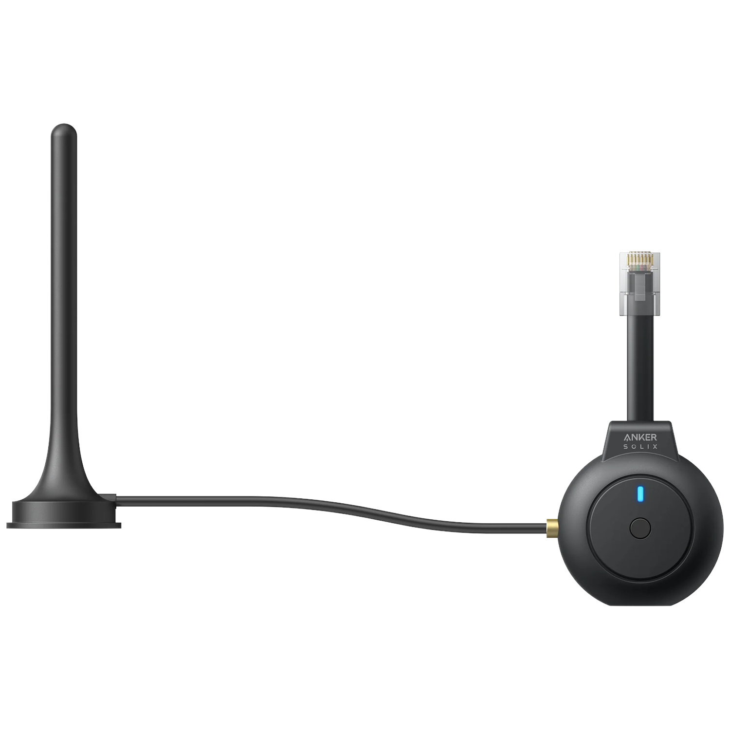 Een zwart Anker Solix apparaat met antenne en Ethernetkabel op witte achtergrond.