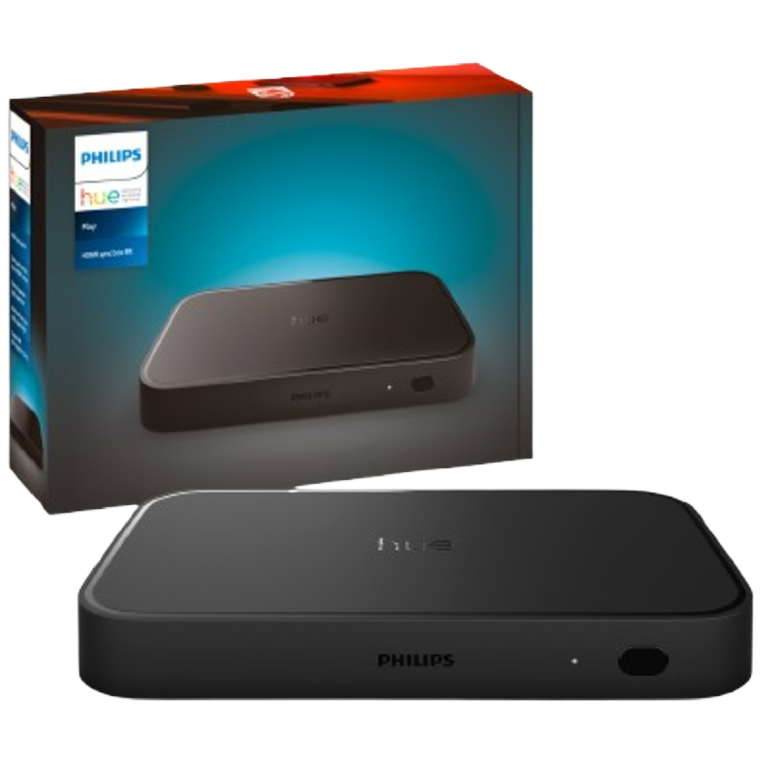 Zwarte Philips Hue Play HDMI Sync Box en verpakking op witte achtergrond.