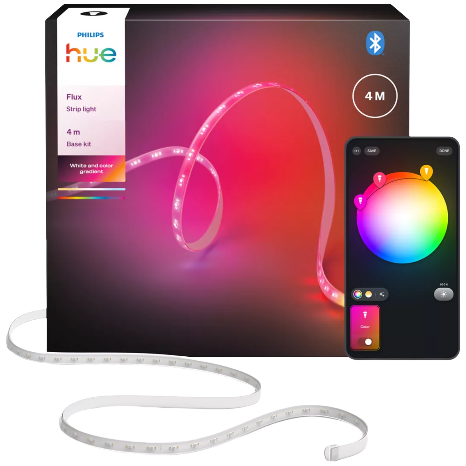 Philips Hue lichtstrip met app-bediening en kleurverloop op verpakking.