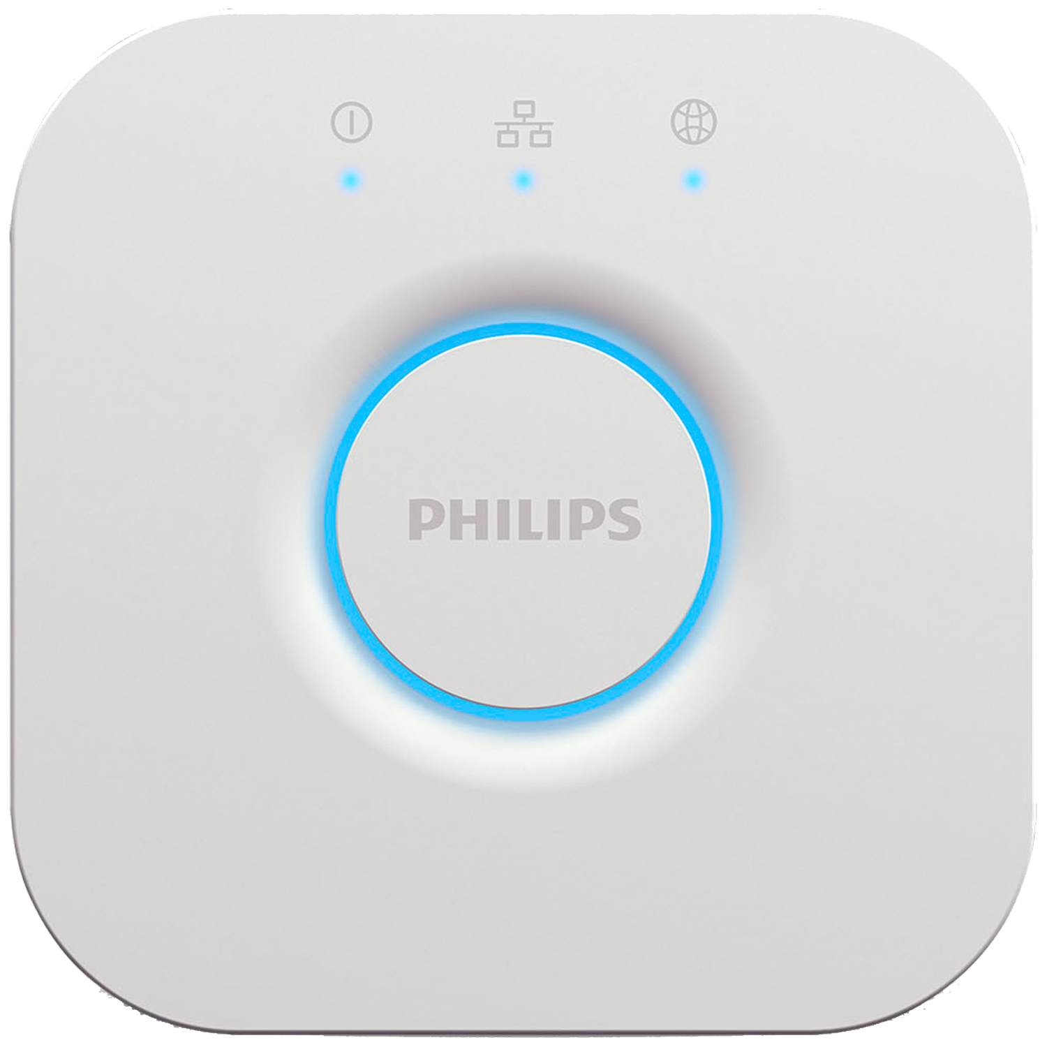 Een witte Philips Hue Bridge met blauwe lampjes en het Philips-logo.