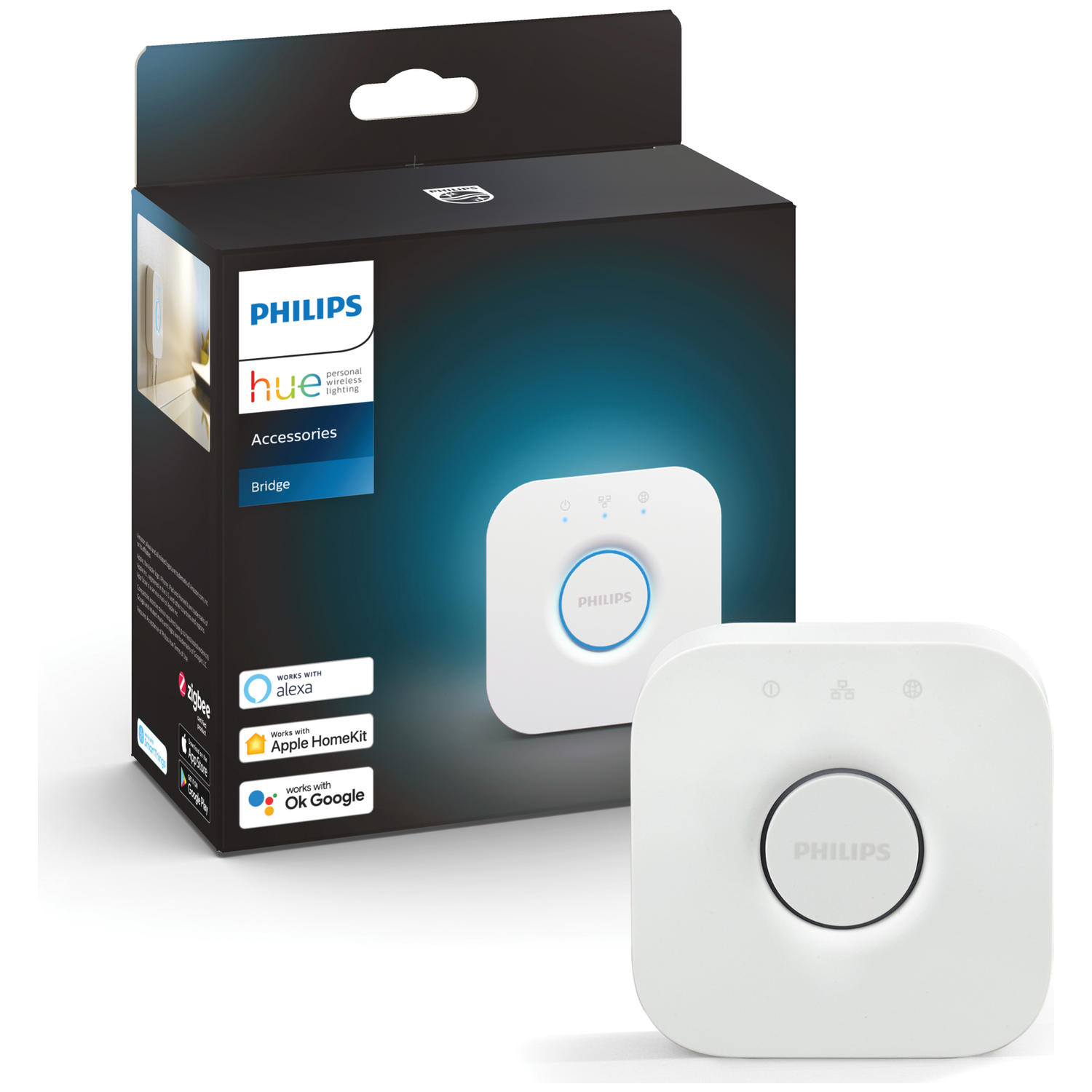 Philips Hue bridge en de doos. De doos toont het Philips Hue logo, accessoires en compatibiliteitsiconen.