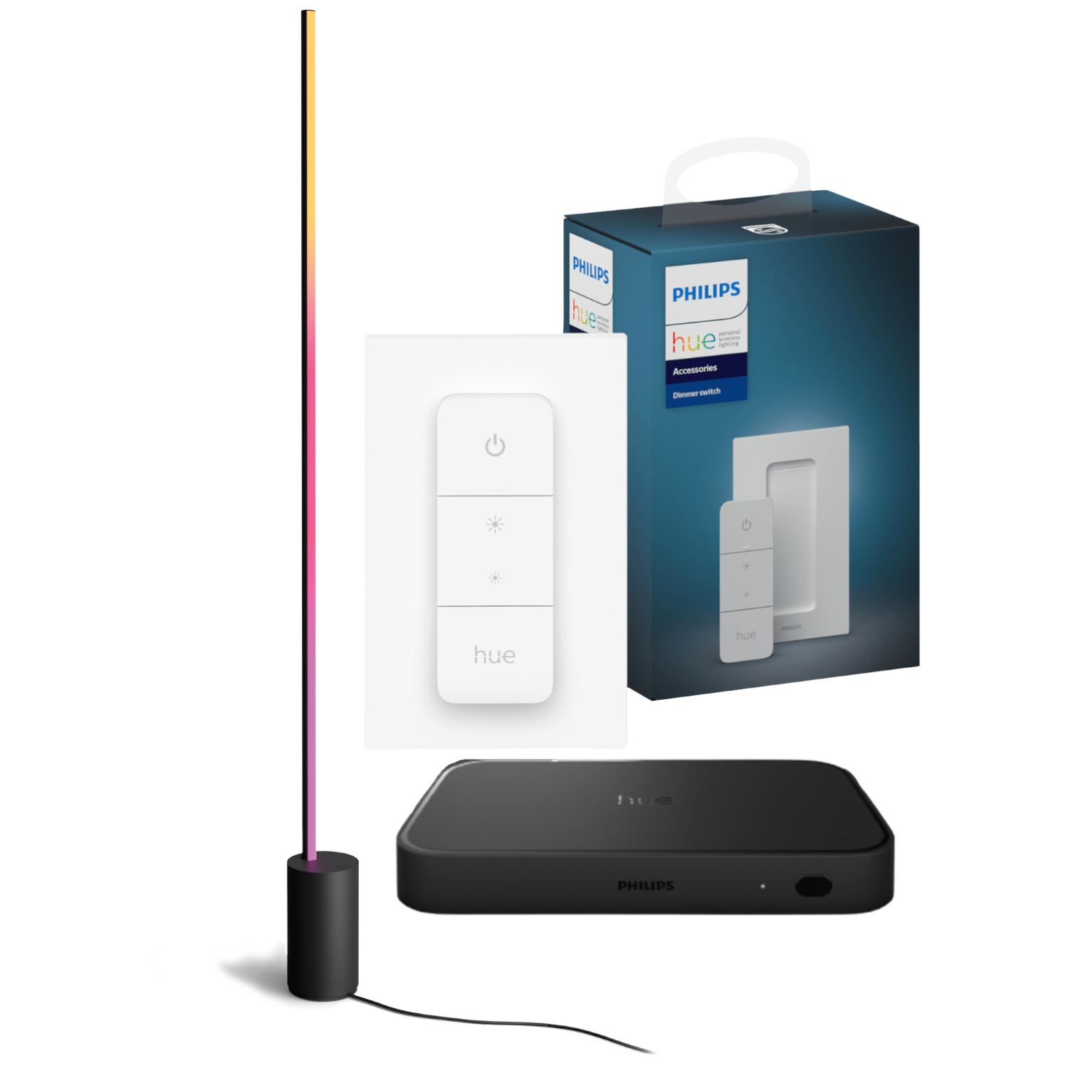 Philips Hue lichtstrip, dimmer en Hue Bridge op witte achtergrond.