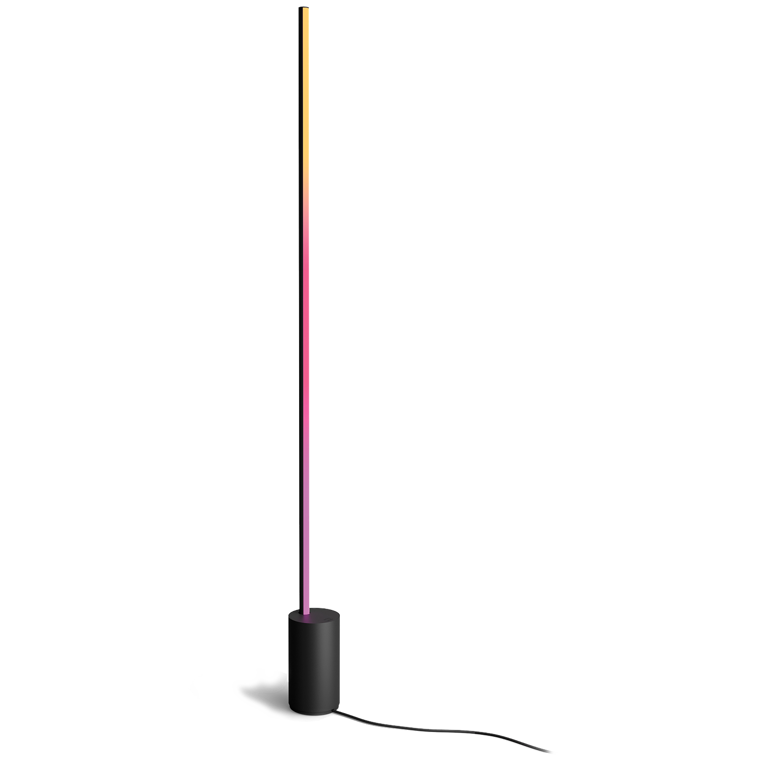 Zwarte voet met verticale lichtstrip in roze naar gele gradiënt.