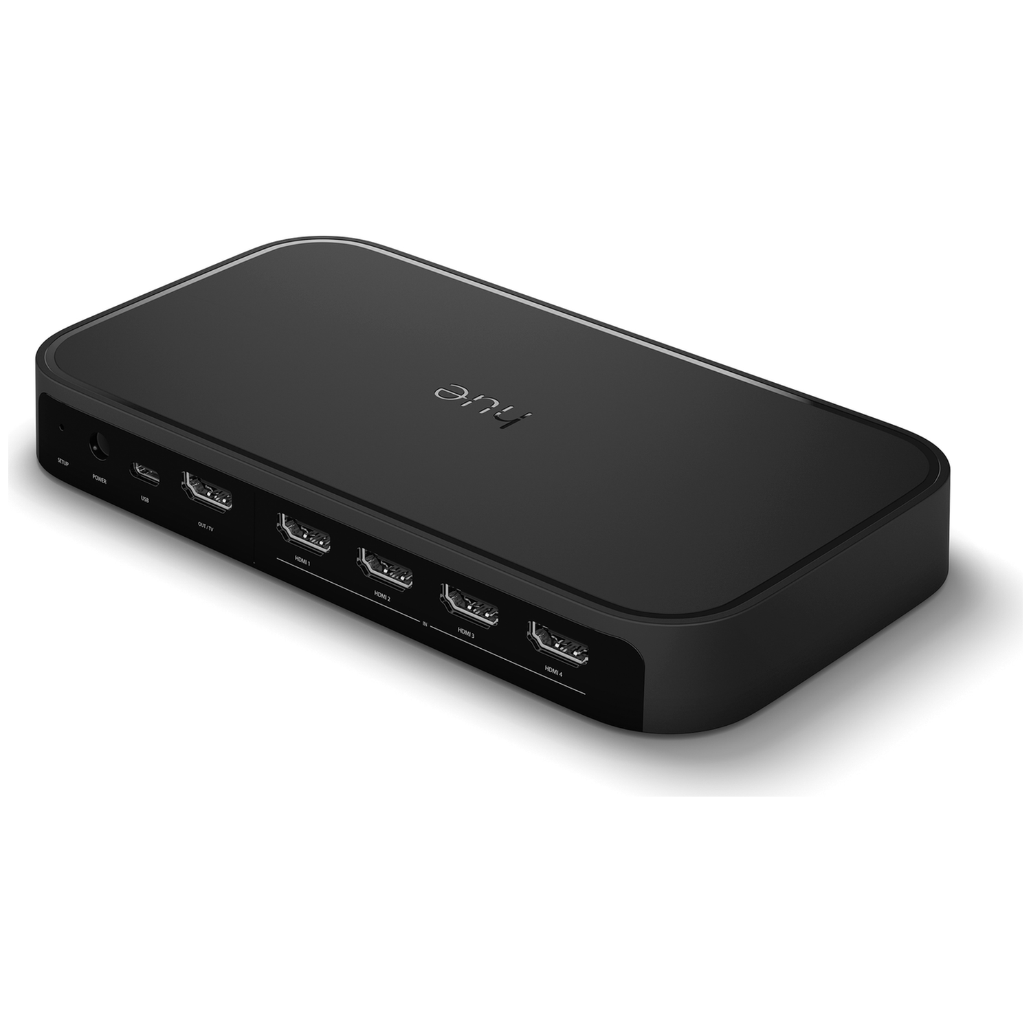 Zwarte HDMI-switch met 4 ingangen en 1 uitgang, USB en voedingspoort.