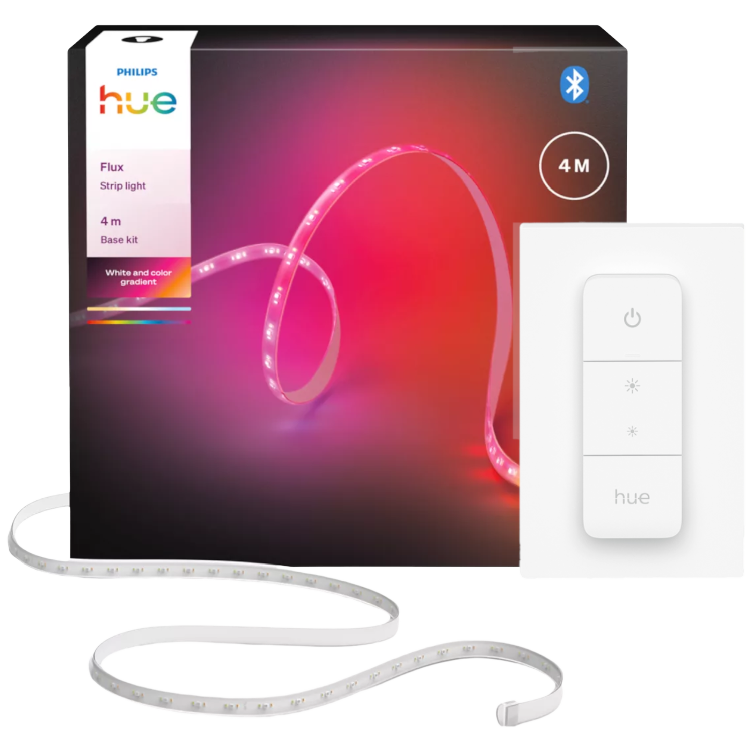 Philips Hue Flux strip light met afstandsbediening. Doos toont 4m licht, kleurverlopen. Afstandsbediening wit.