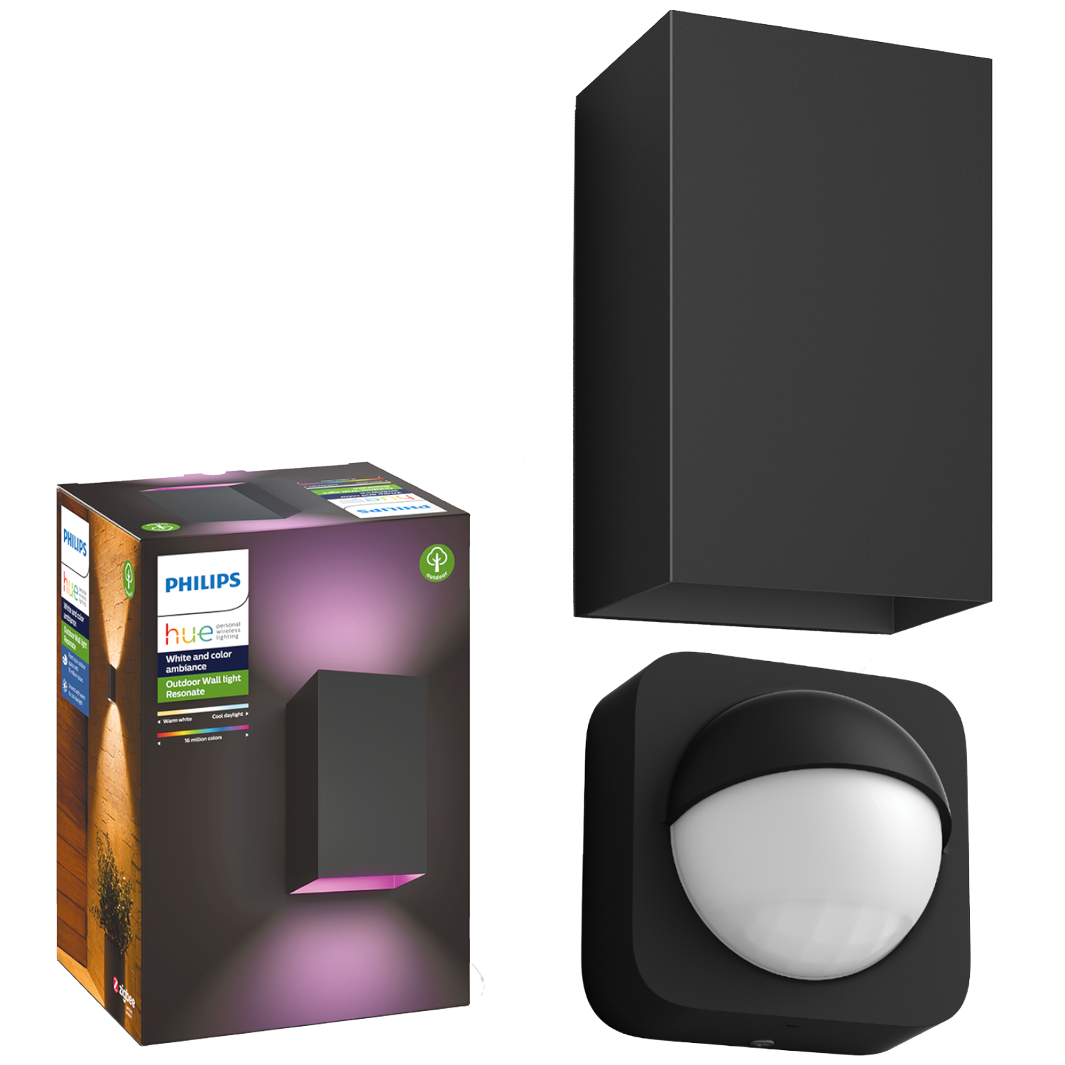 Philips Hue buitenwandlamp doos, een zwarte kubus en een bewegingsmelder.