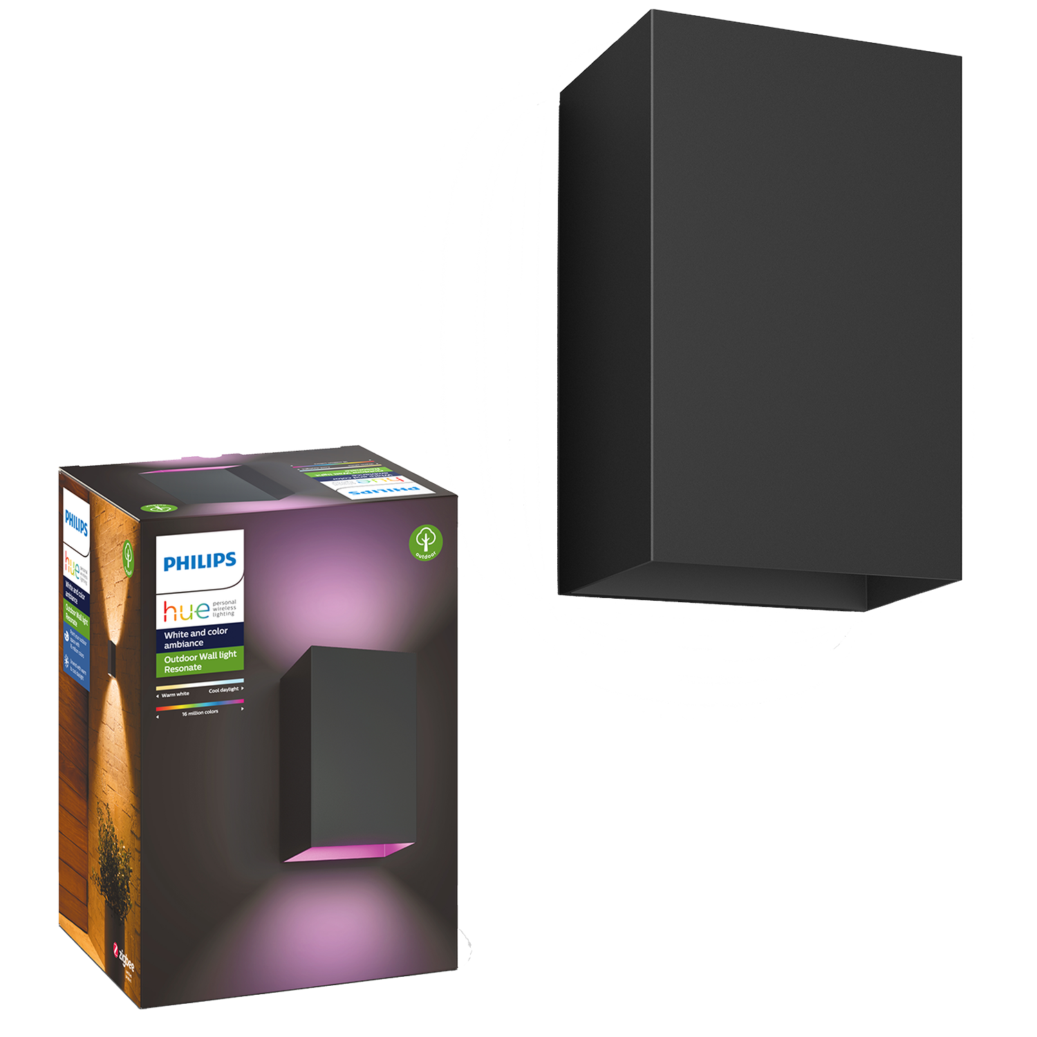 Doos met Philips Hue buitenwandlamp en apart zwart productbeeld.