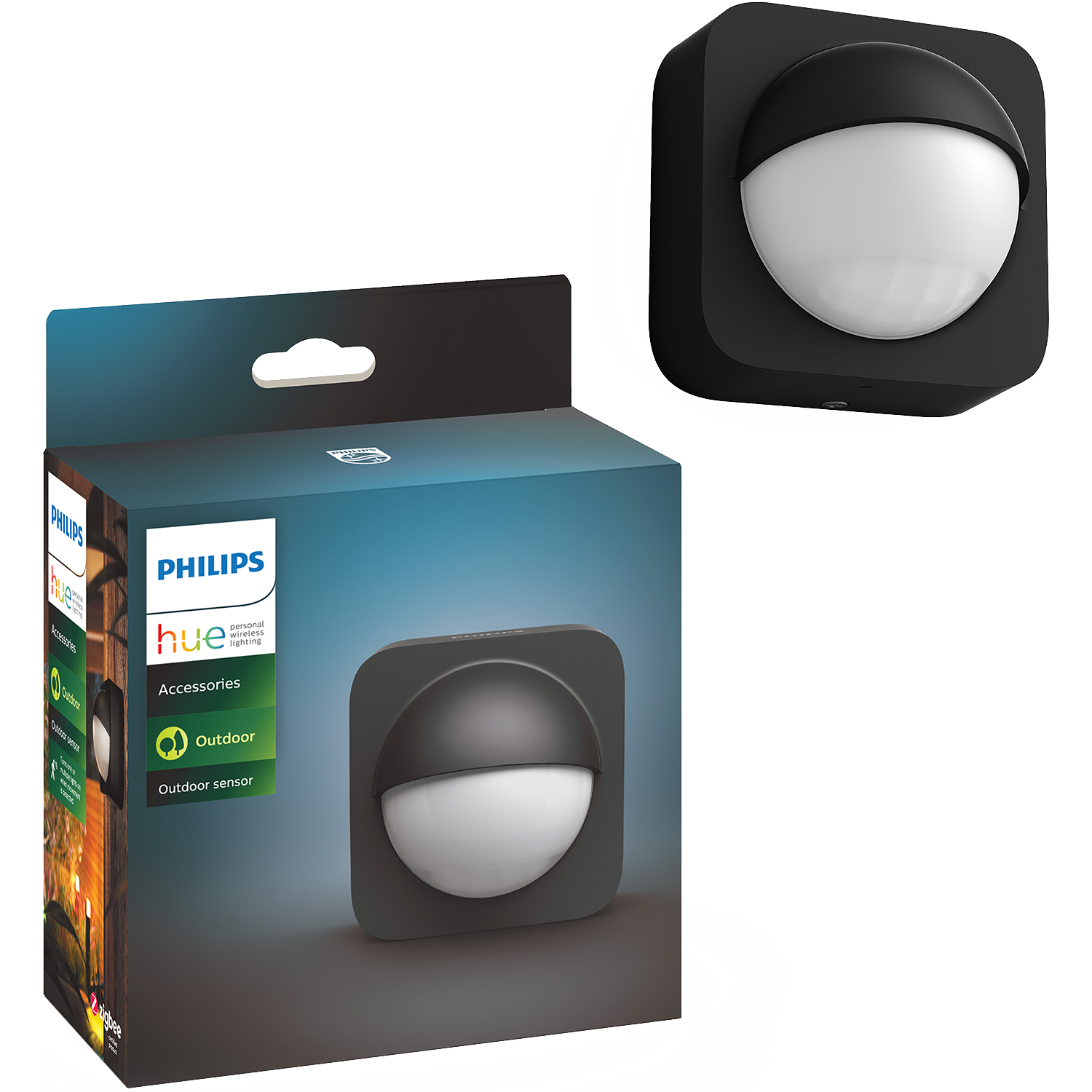 Verpakking en buiten sensor Philips Hue. Zwart met wit licht.