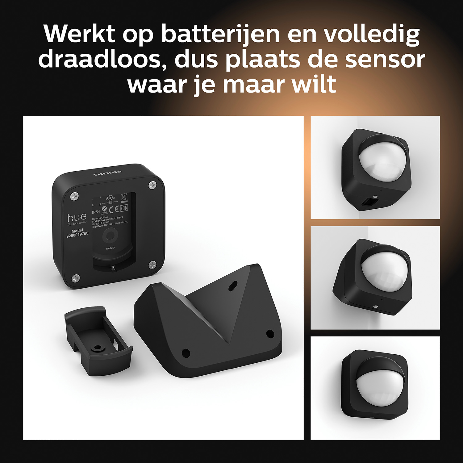 Zwarte Philips Hue buitensensor met accessoires en montagebeugel.