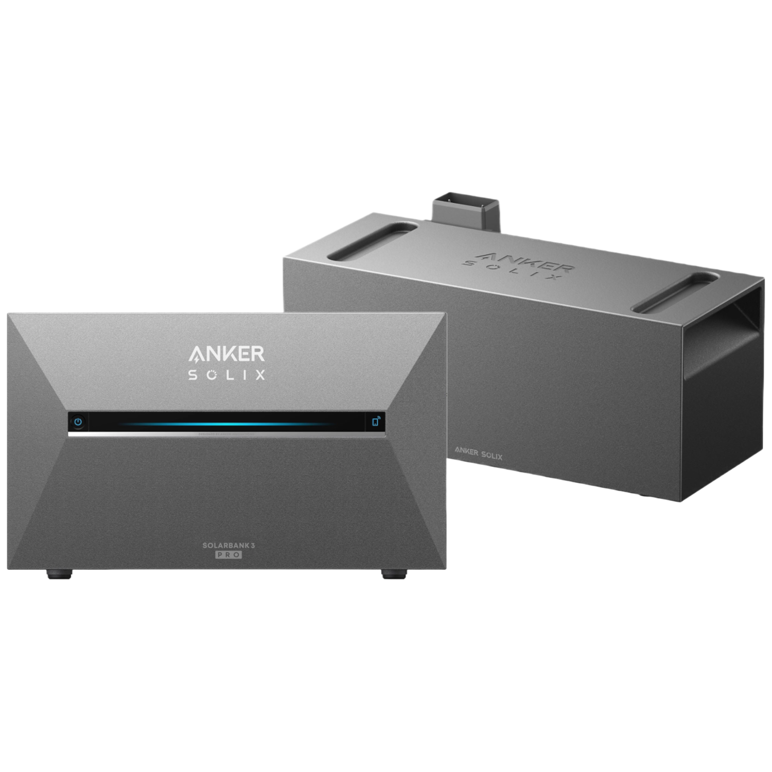 Twee grijze Anker Solix powerbanks, één voor, één achter.
