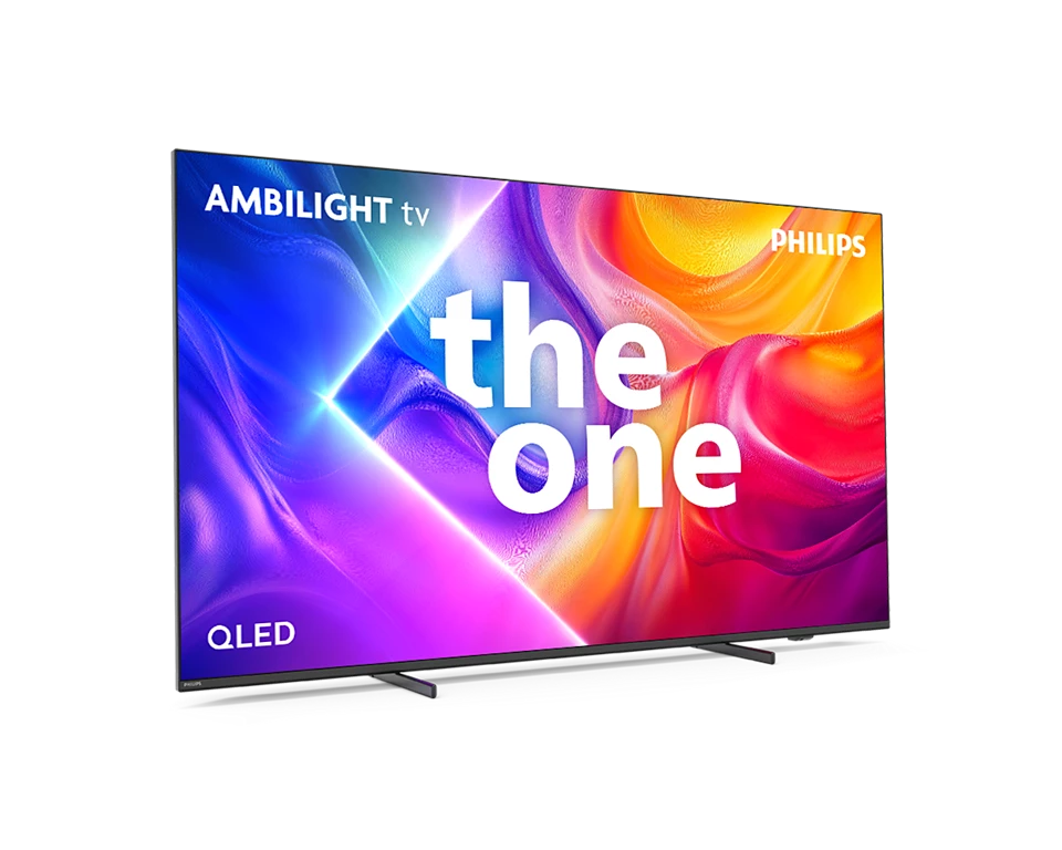 Telewizor Philips Ambilight z ekranem QLED, wyświetla abstrakcyjną kolorową sztukę i tekst The One.