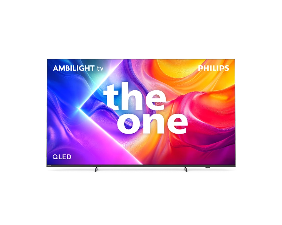 Telewizor Philips Ambilight QLED wyświetla napis "the one" na kolorowym tle.