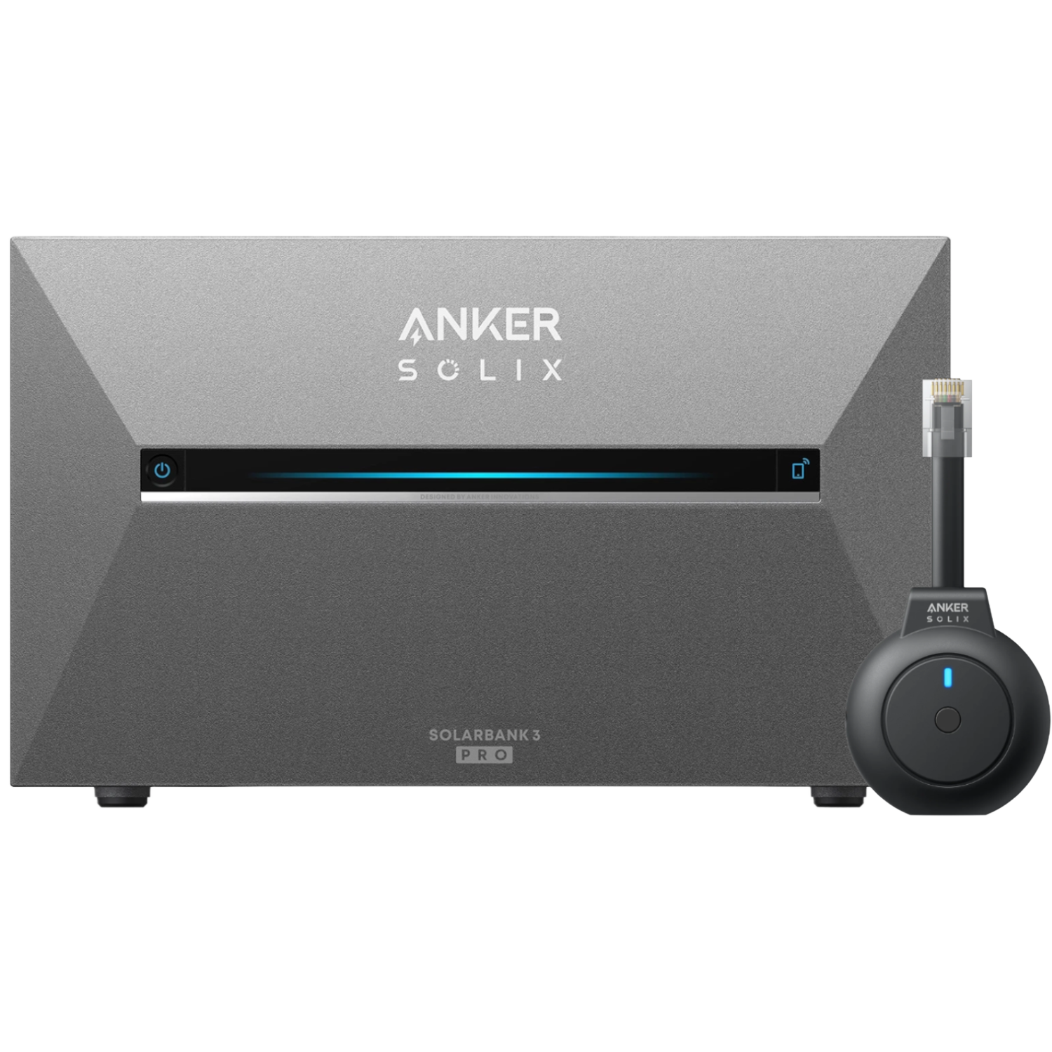 Grijze Anker Solix Solarbank 3 Pro met een rond zwart accessoire.