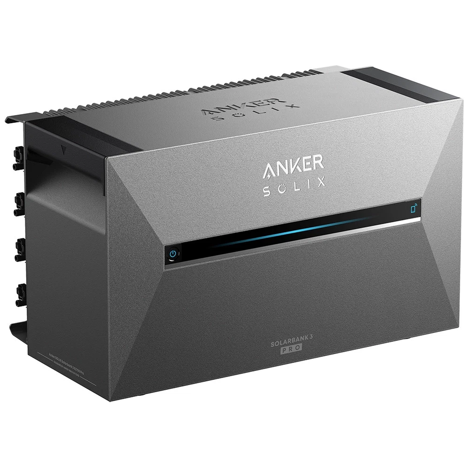 Grijze Anker Solix Solarbank 3 Pro met blauwe lichtstrip en aan/uit-icoon.
