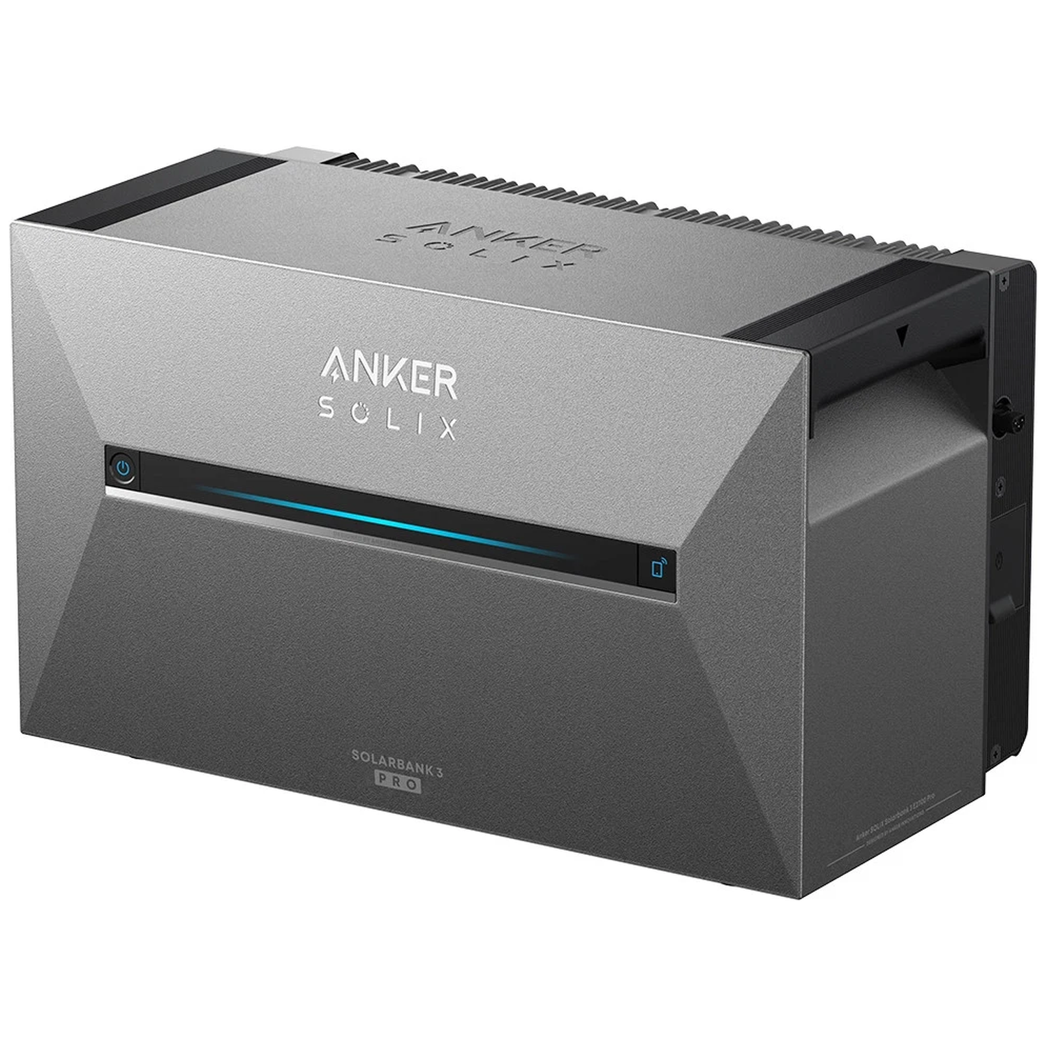 Grijze Anker Solix Solarbank 3 Pro powerstation met blauwe lichtstrip.