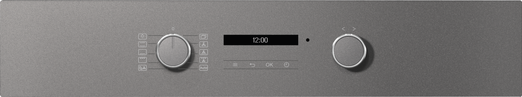 Ein Ofen-Bedienfeld mit zwei Drehknöpfen, einem digitalen Display und Symbolen.