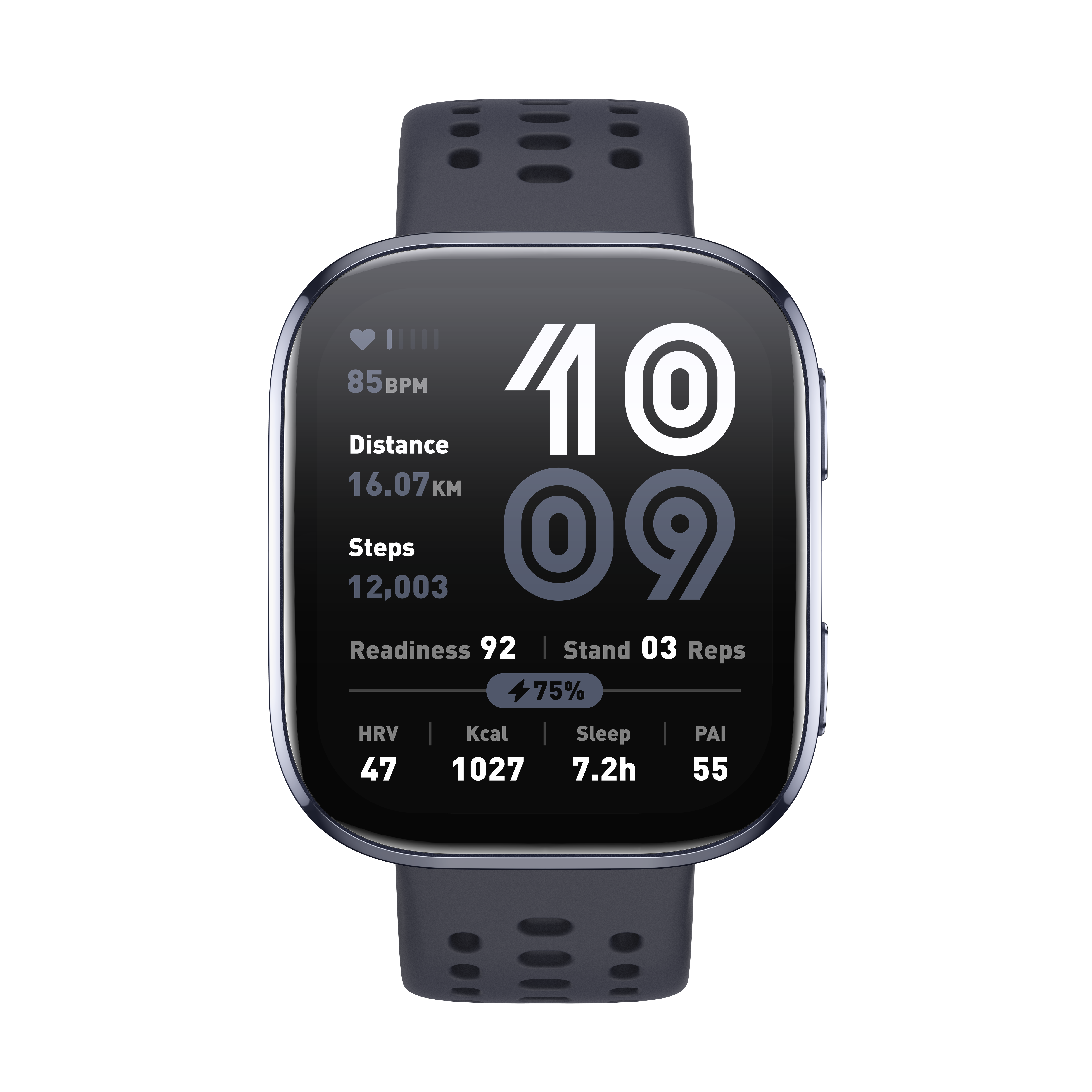 Szary smartwatch z ciemną bransoletą wyświetla dane zdrowotne: 85 BPM, 16,07 km, 12 003 kroków, 75% baterii.
