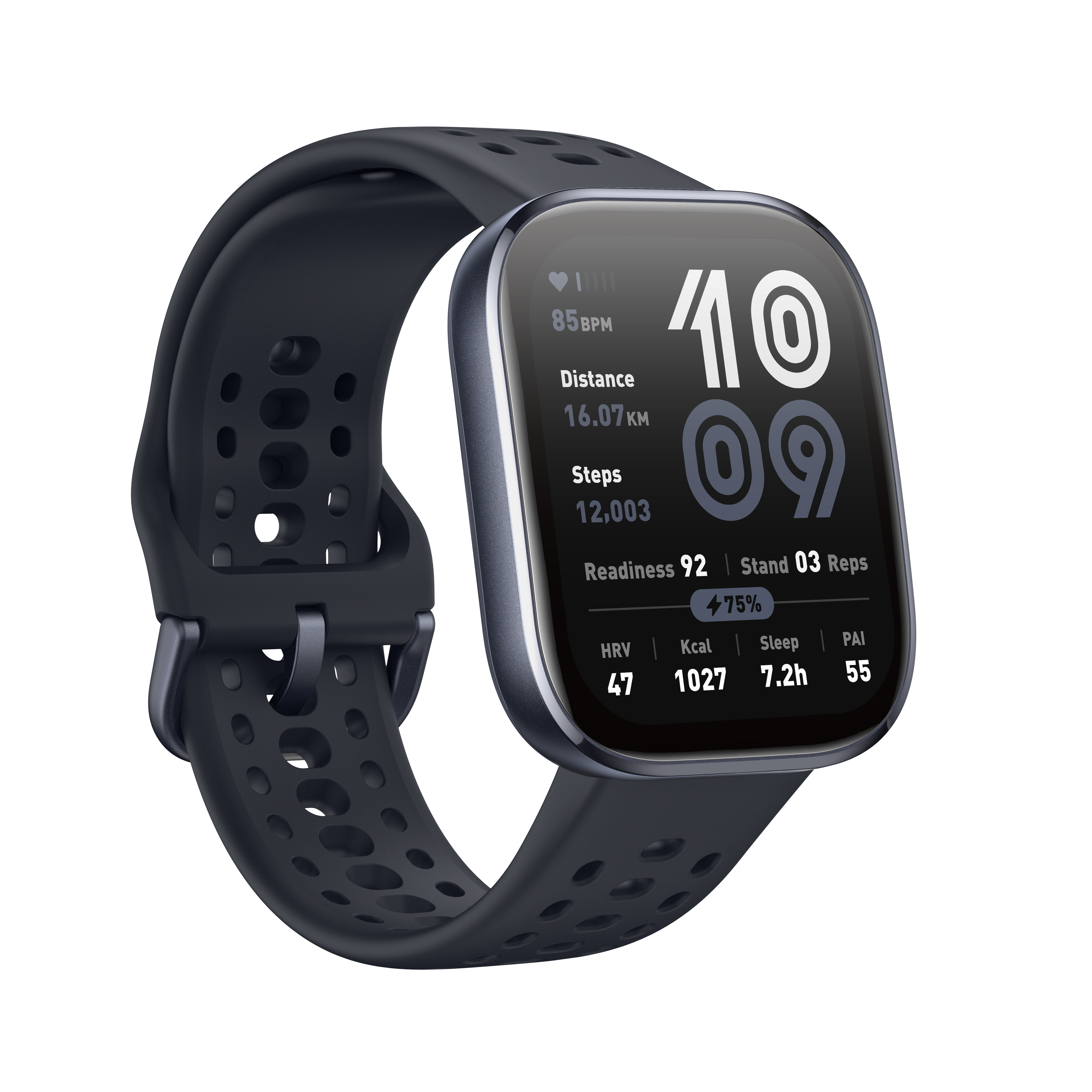 Ciemny smartwatch wyświetlający czas, dystans, kroki i dane życiowe.