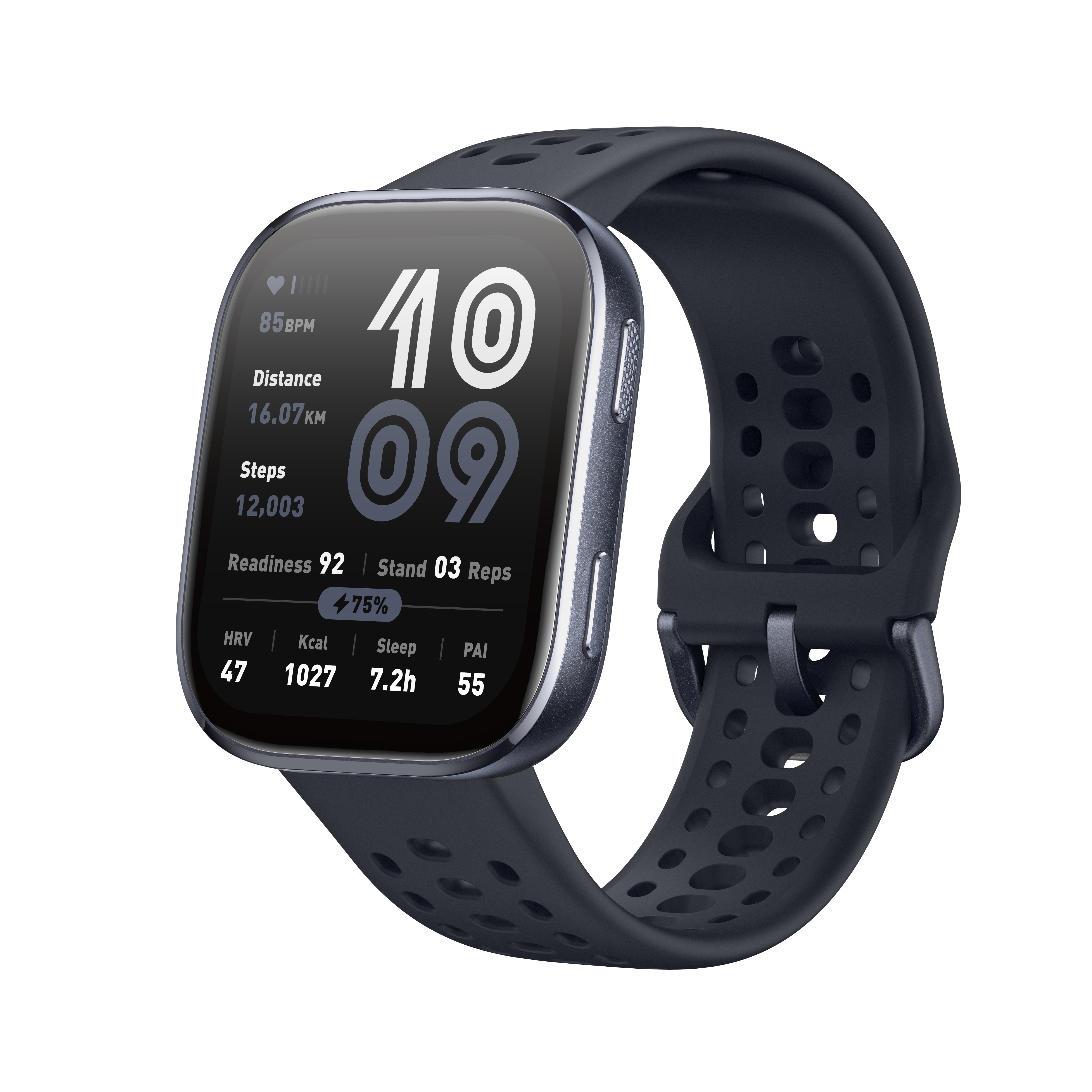 Nowoczesny smartwatch z ciemną opaską wyświetla godzinę, dystans, kroki, tętno, sen i więcej.