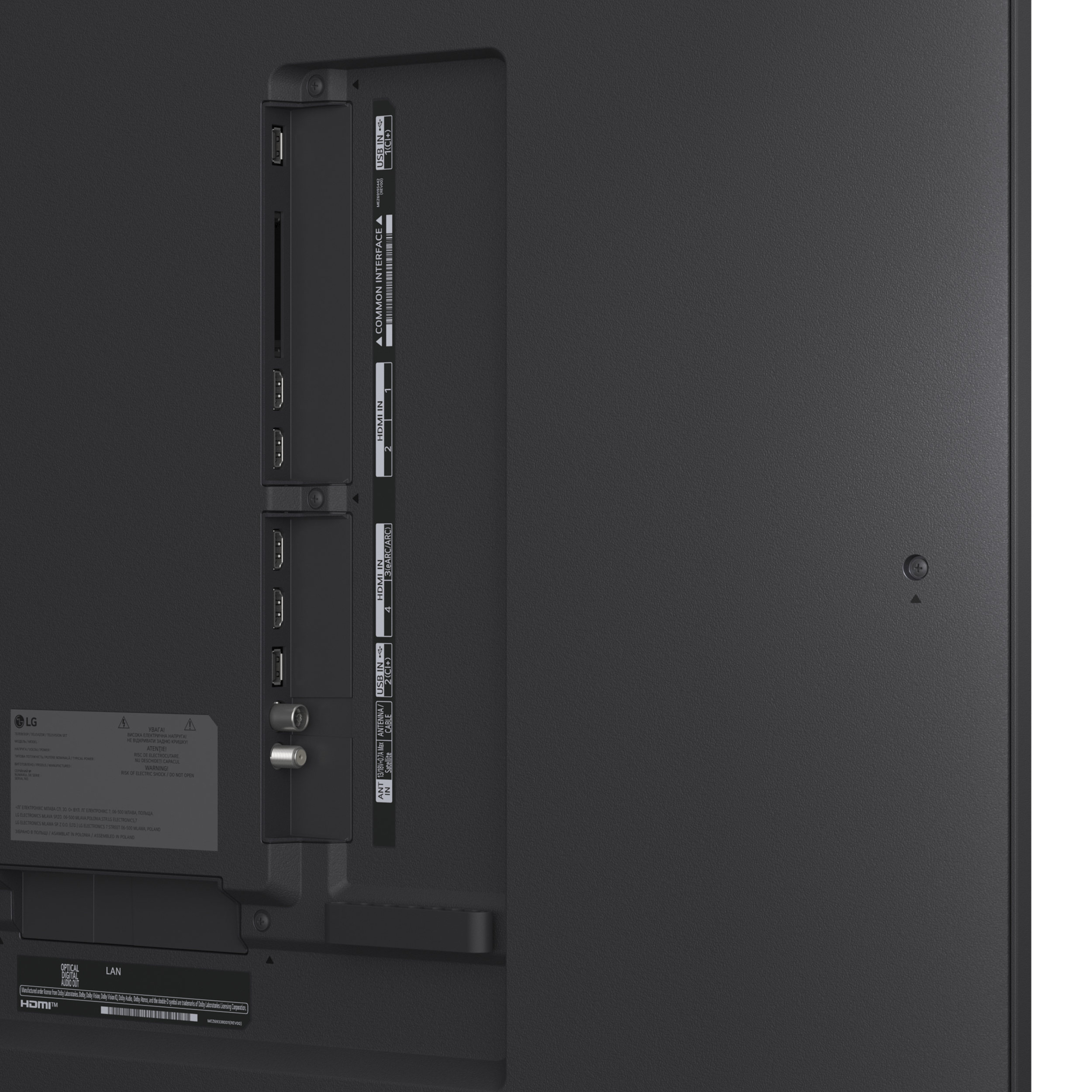 Tył telewizora z portami: HDMI, USB, Antena, LAN, Optyczny.