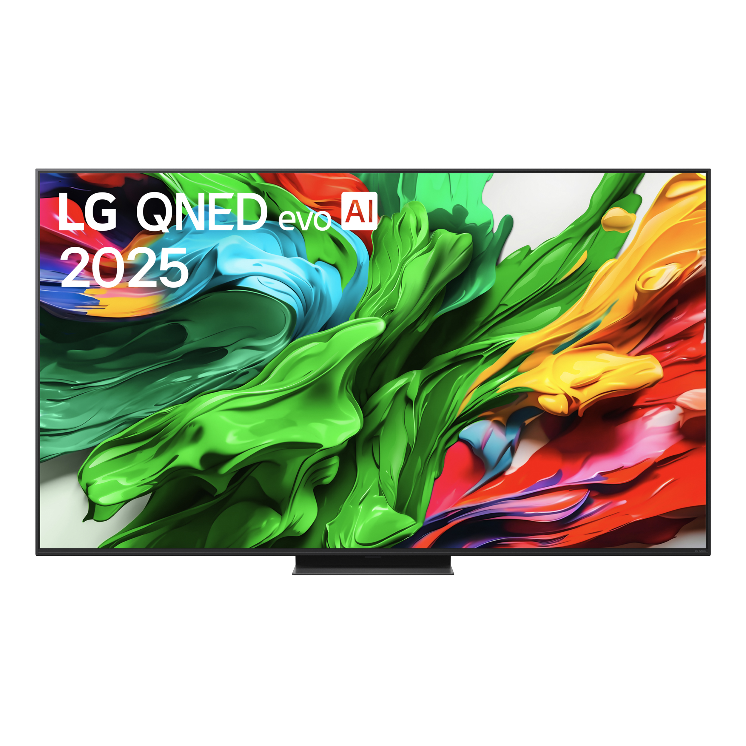 Telewizor LG QNED evo AI 2025 z kolorową grafiką abstrakcyjną