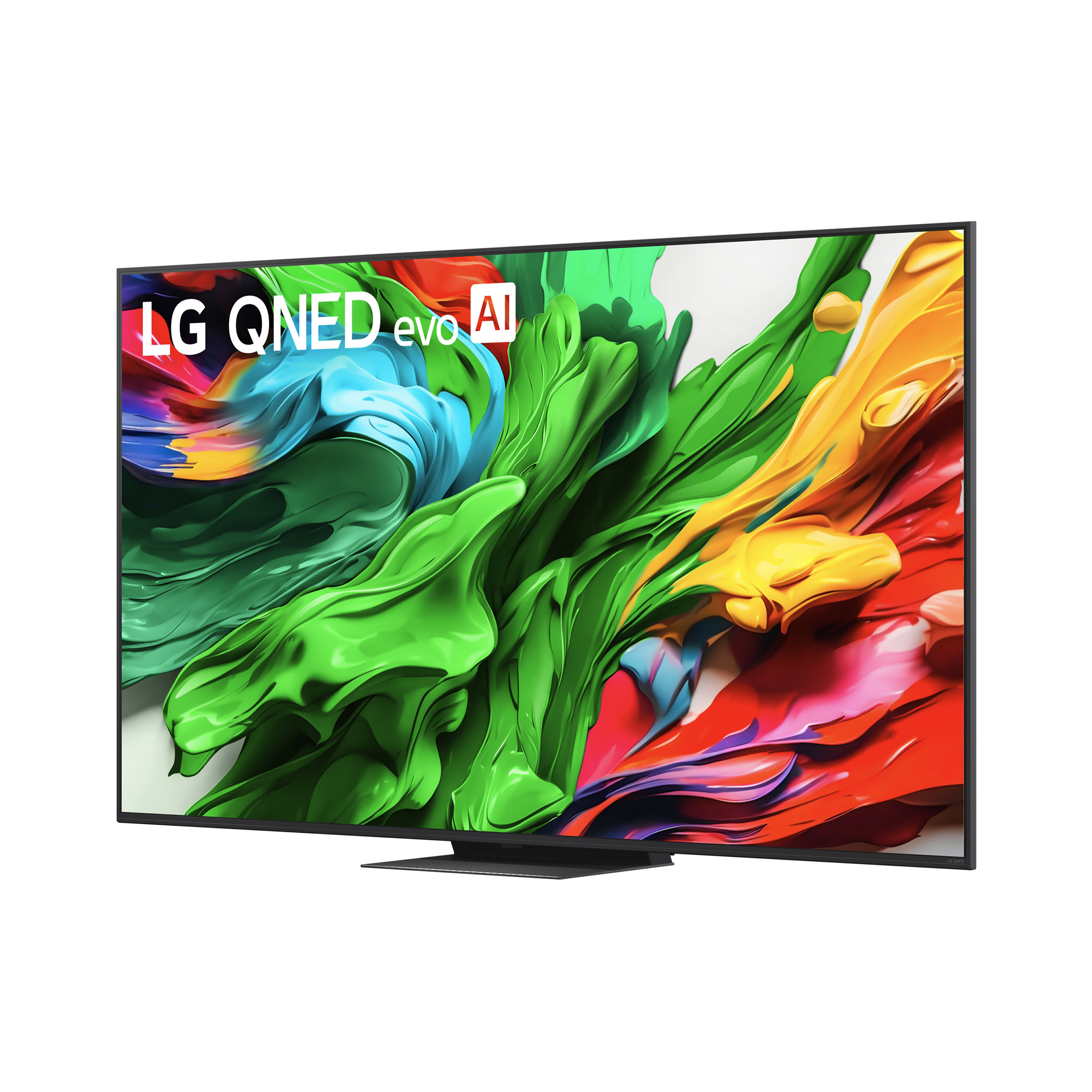 Telewizor LG QNED evo AI wyświetlający żywą, abstrakcyjną animację kolorów.