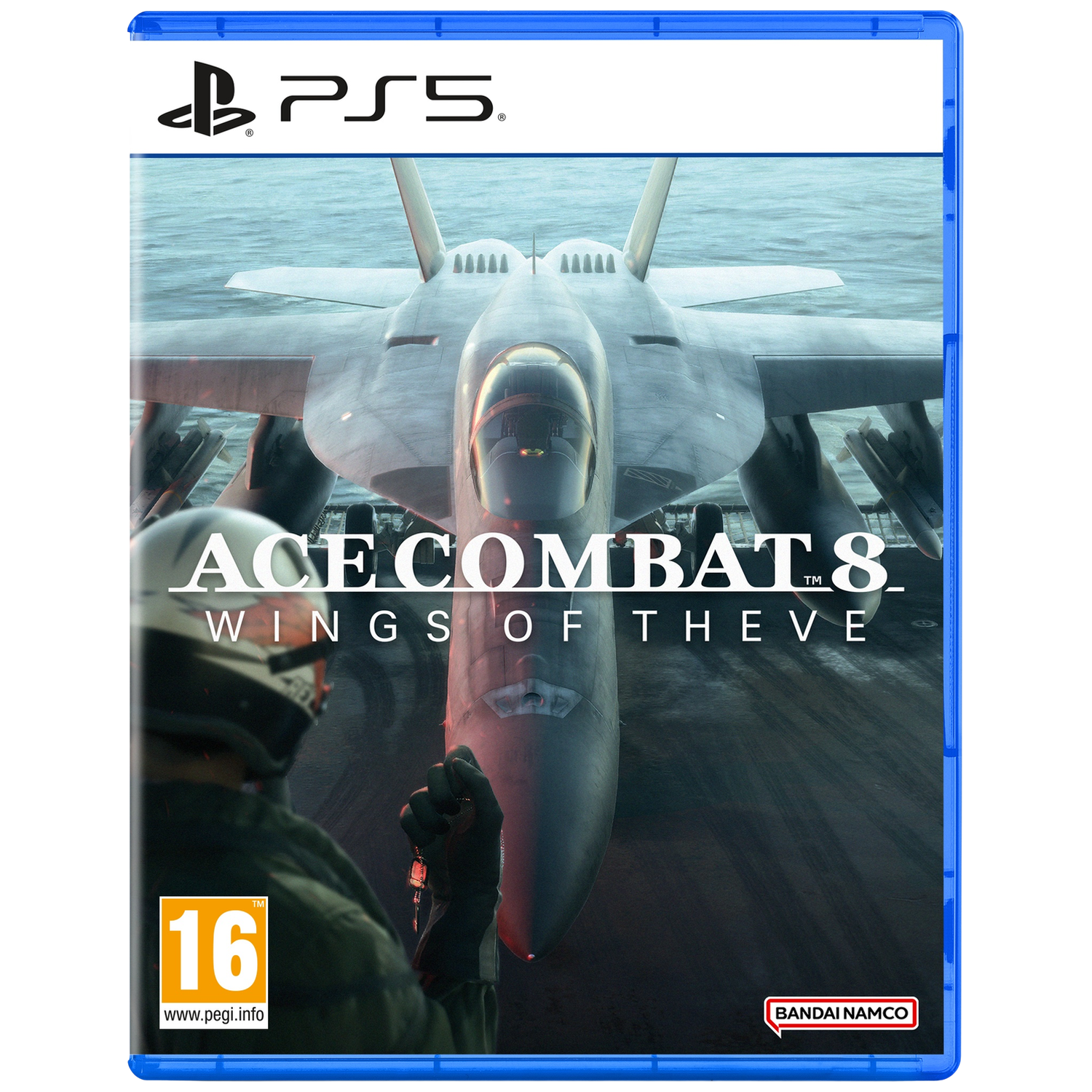 Een straaljager op een vliegdekschip. De gamehoes toont 'Ace Combat 8'.