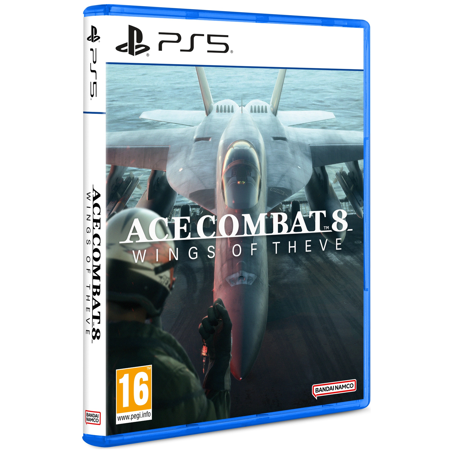 PS5 gamehoes met een straaljager op een vliegdekschip en een piloot.