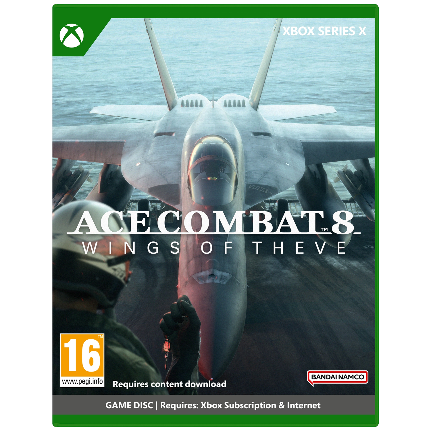 Een straaljager staat op een vliegdekschip voor de zee. Spelcover.