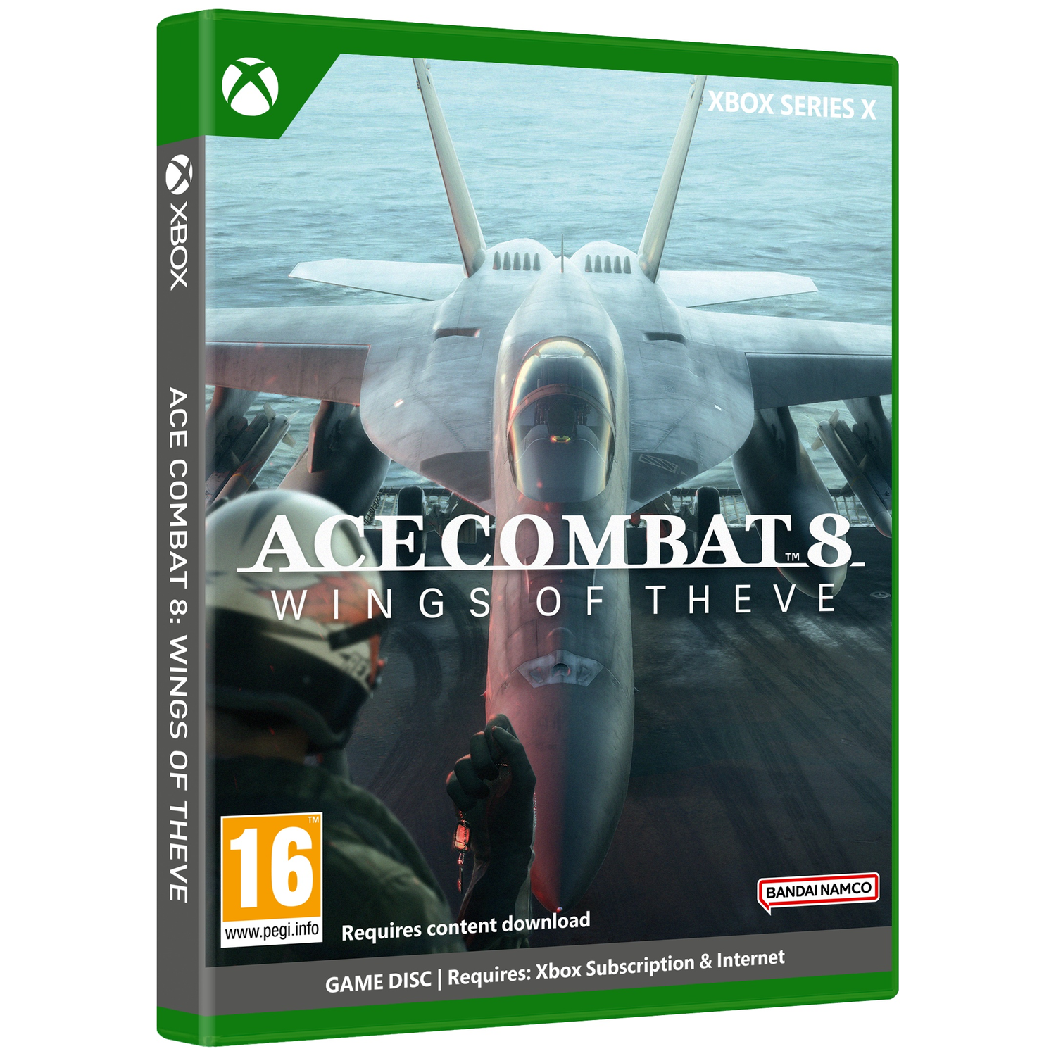 Xbox-hoes voor Ace Combat 8: Wings of the Dawn met gevechtsvliegtuig en piloot.