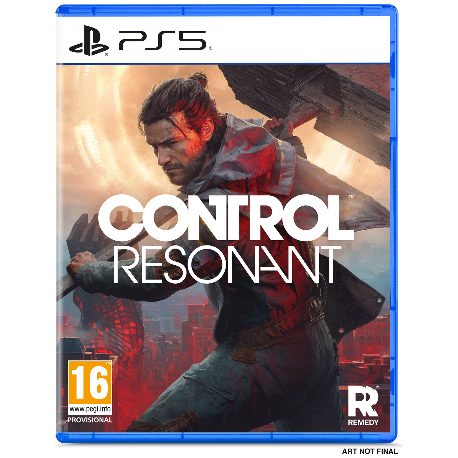 PS5 game cover: Man met knot, naar rechts kijkend, wapen vasthoudend. Titel 'Control Resonant'.