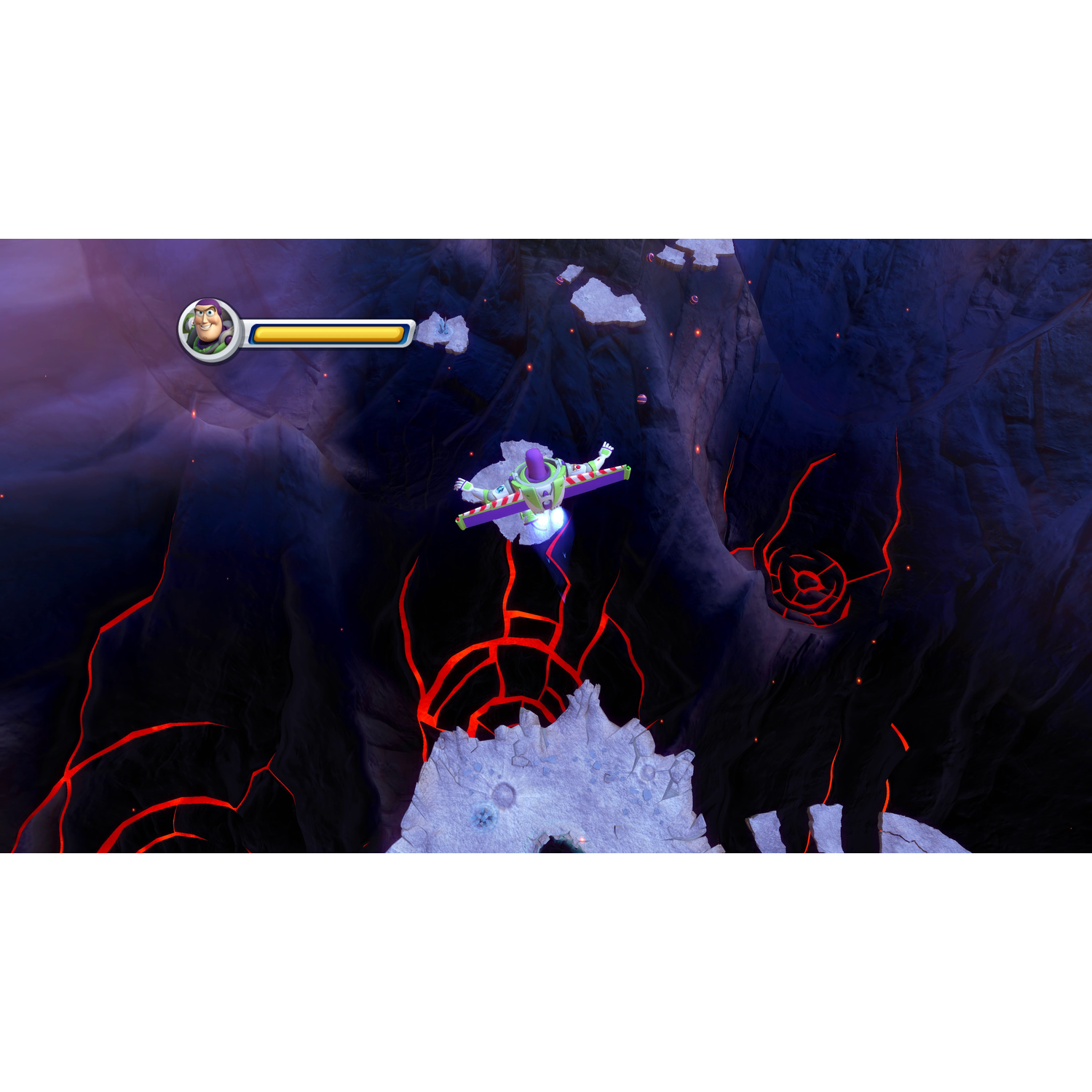 Buzz Lightyear vliegt door een donker, rotsachtig landschap met gloeiende lava.