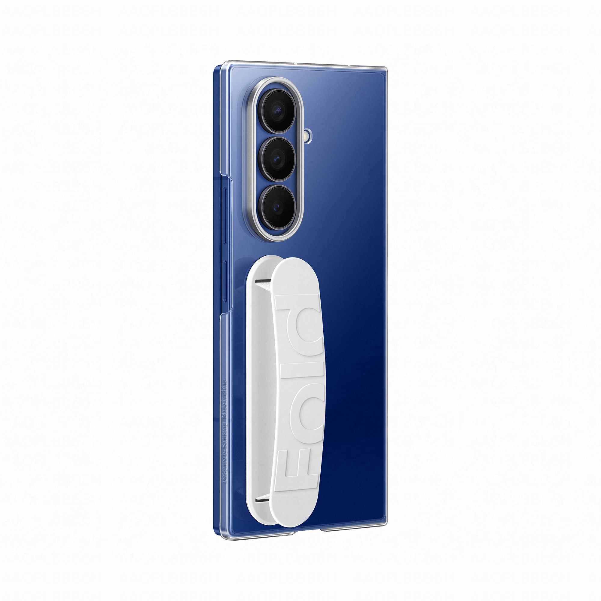Ein blaues Smartphone mit drei Kameras und einem weißen Griff.