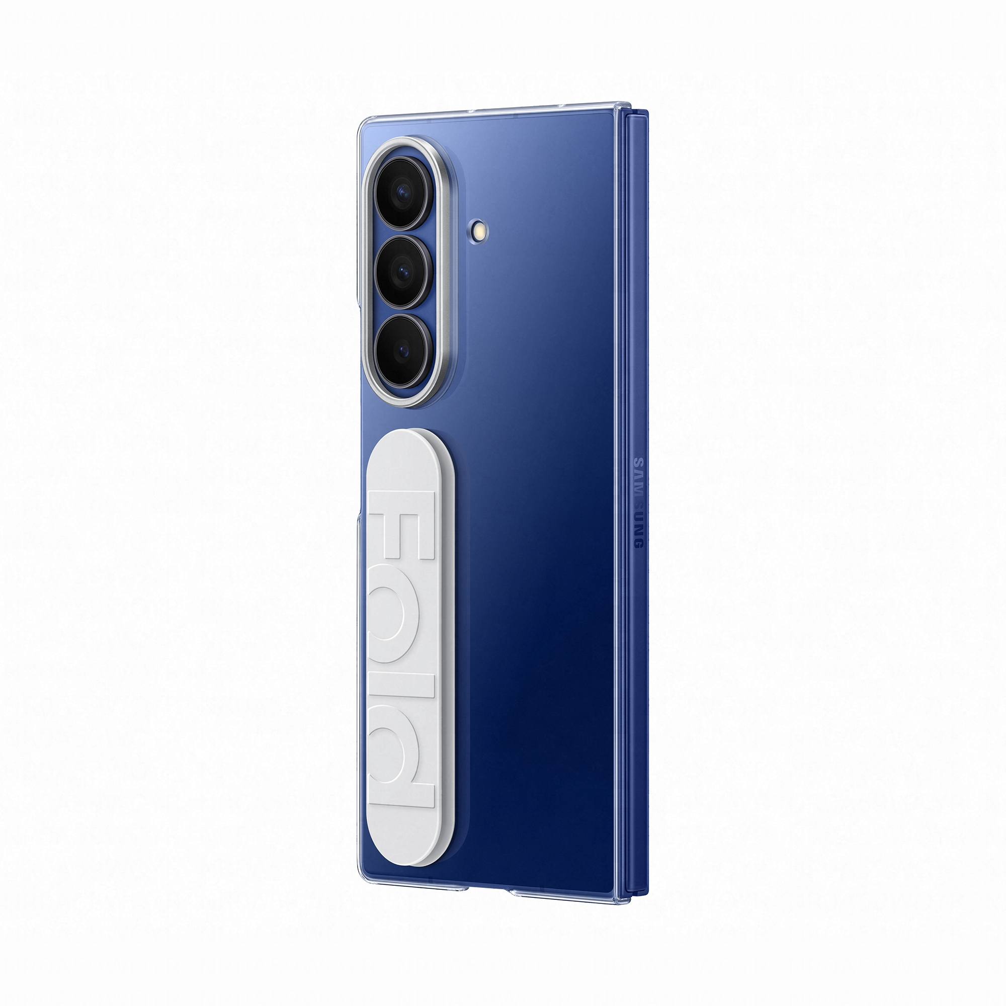 Blaues Samsung Fold Handy mit drei Kameras und weißem 