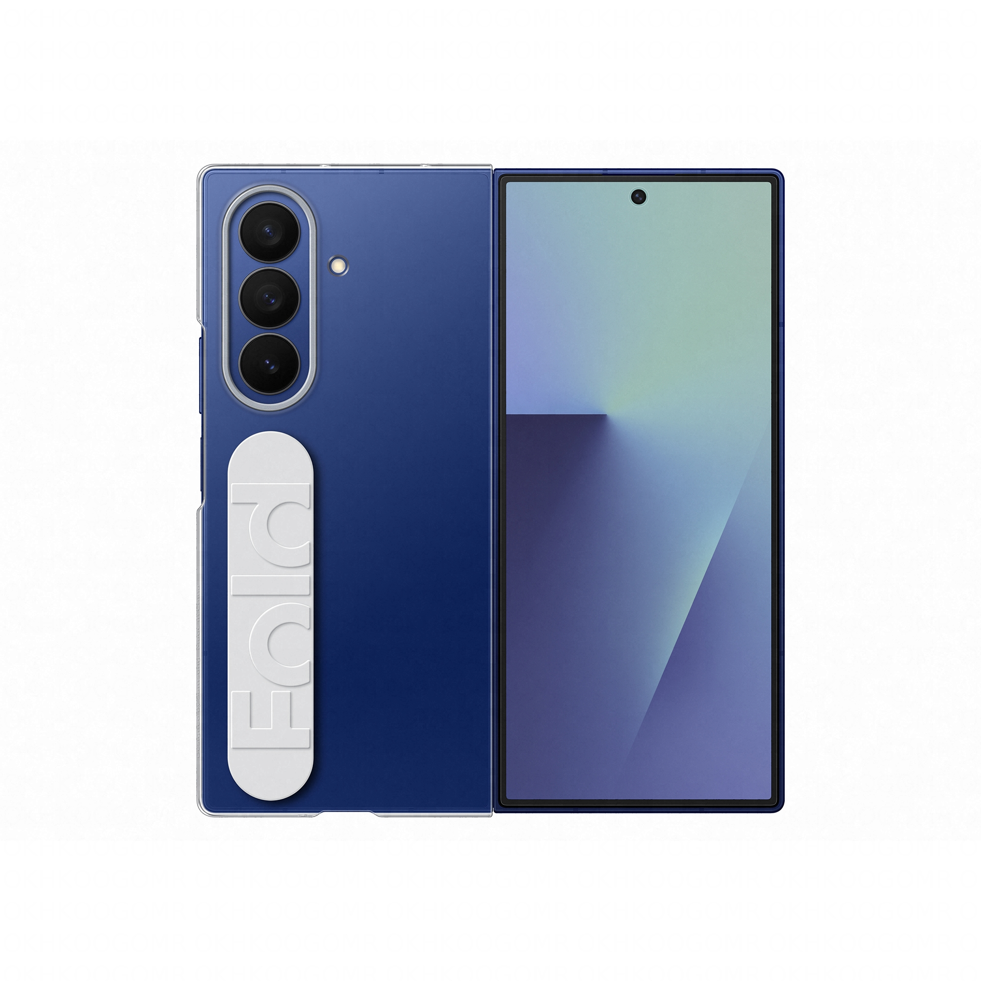 Blaues faltbares Smartphone mit drei Kameras und weißem Griffband, auf weißem Hintergrund.