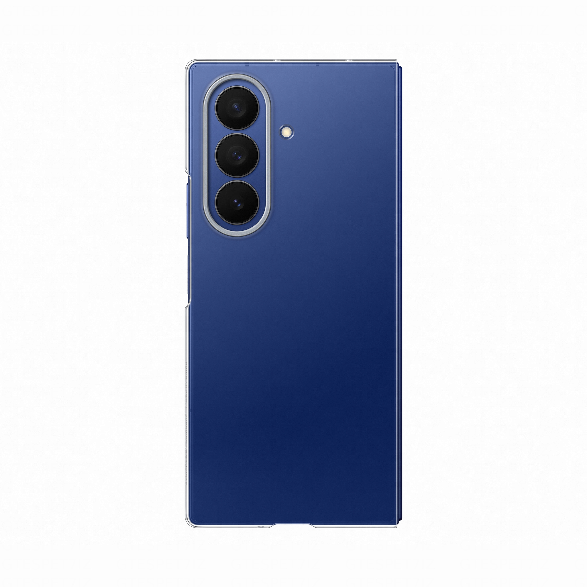 Ein dunkelblaues Smartphone mit drei Kameralinsen und Blitzlicht.