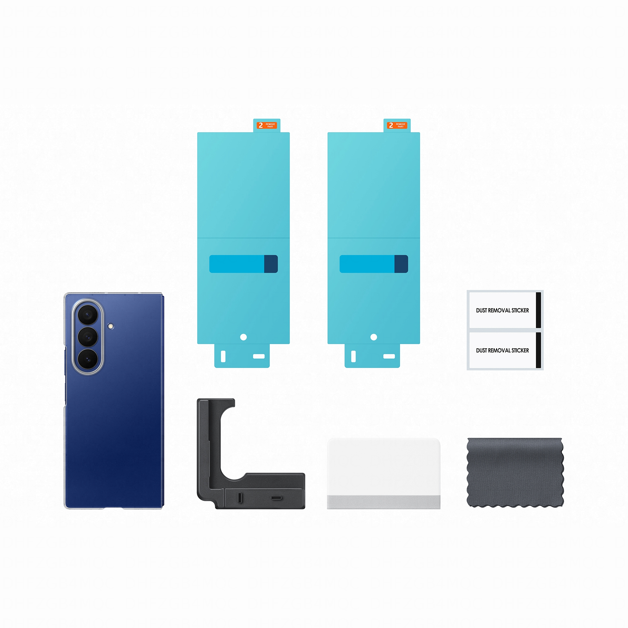 Ein blaues Smartphone neben Zubehör: Schutzfolien, ein Griff, Staubentfernungsaufkleber, ein Wischer.
