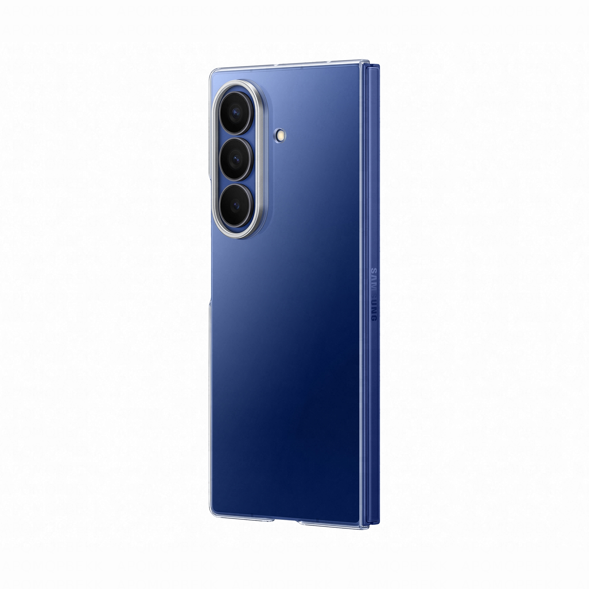 Ein blaues Smartphone mit drei Kameras auf der Rückseite, im Profil.