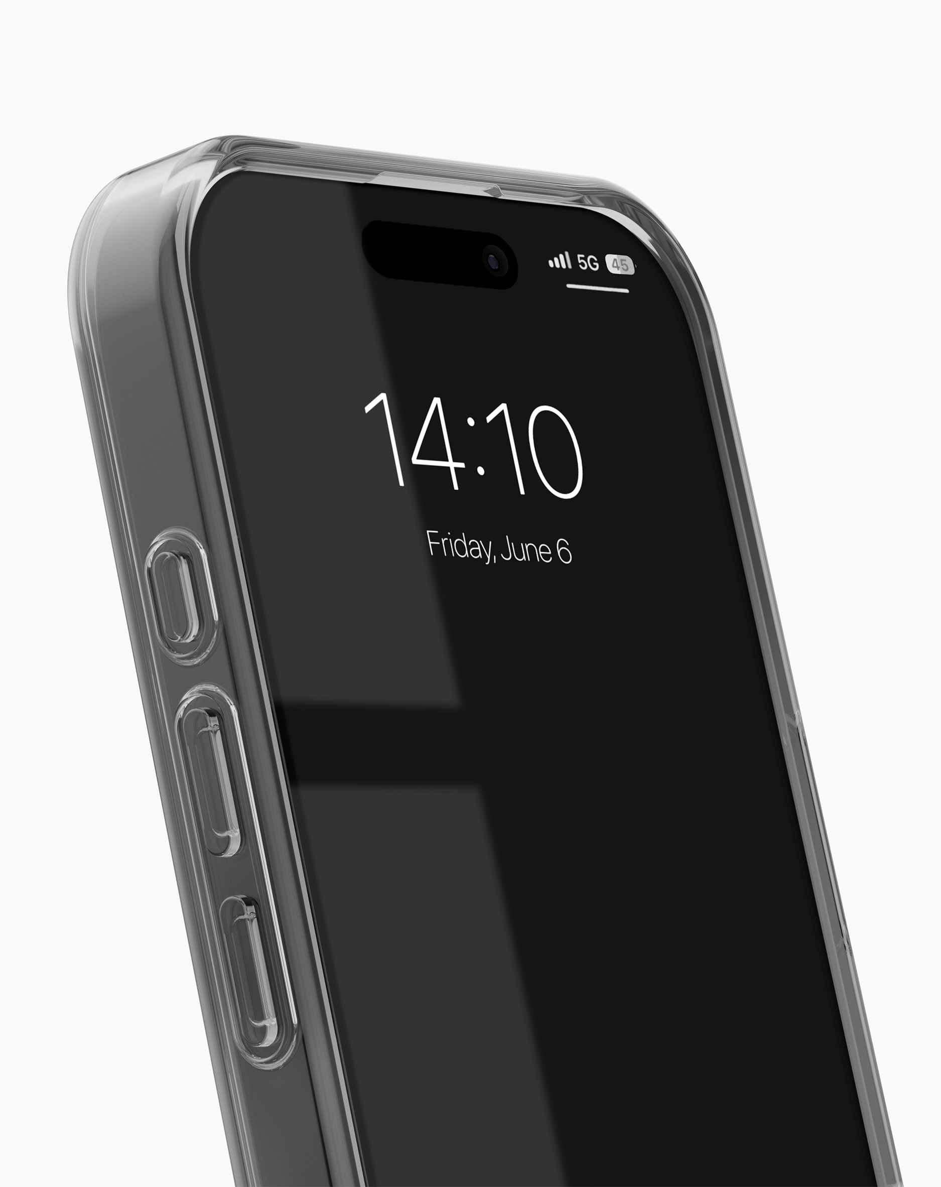 Ein transparentes Handyhülle zeigt ein Smartphone mit 5G-Symbol und Uhrzeit 14:10.