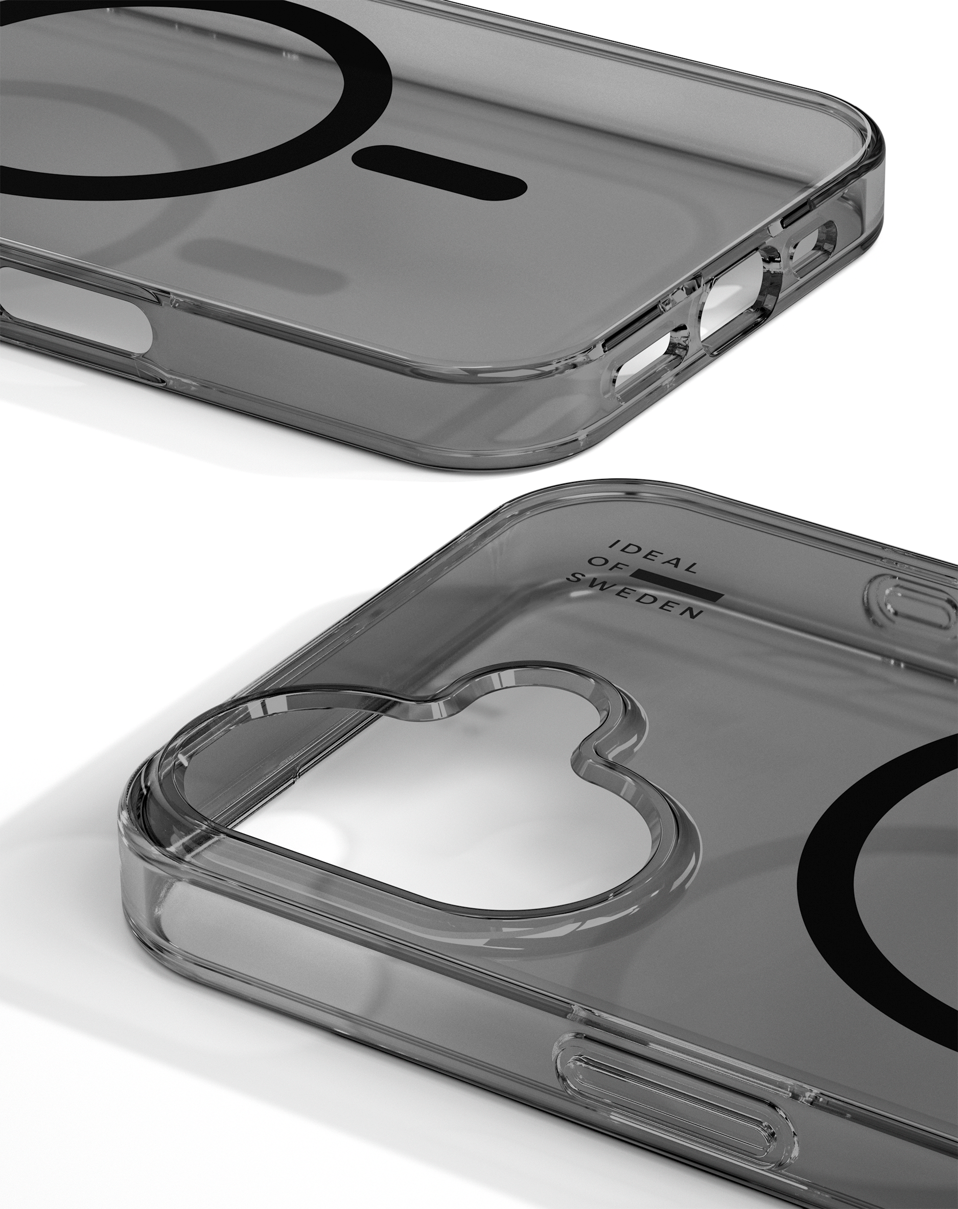 Transparente Handyhülle mit dunklem Kreis und Schlitzdetail.