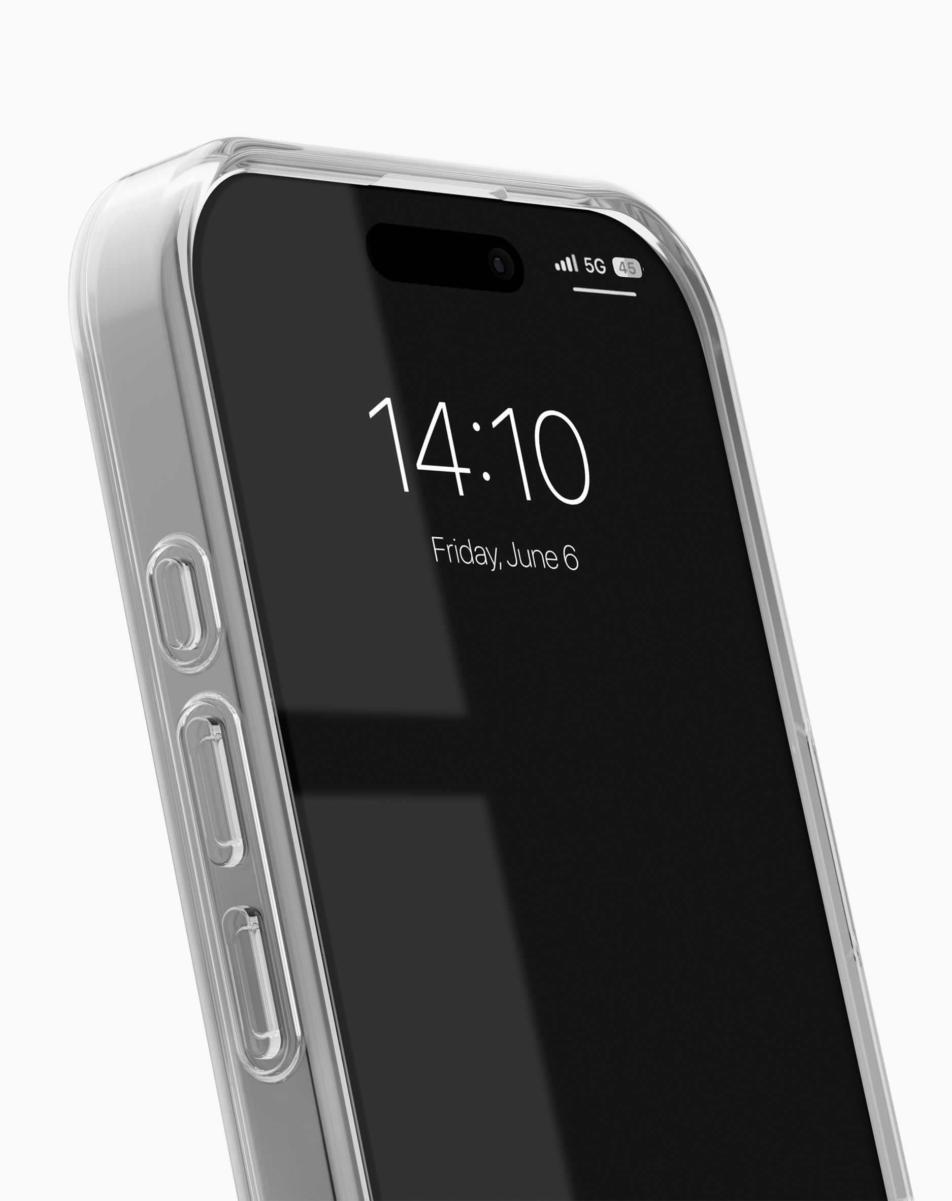 Átlátszó telefontok mutatja a 14:10-es időt és a dátumot a képernyőn.