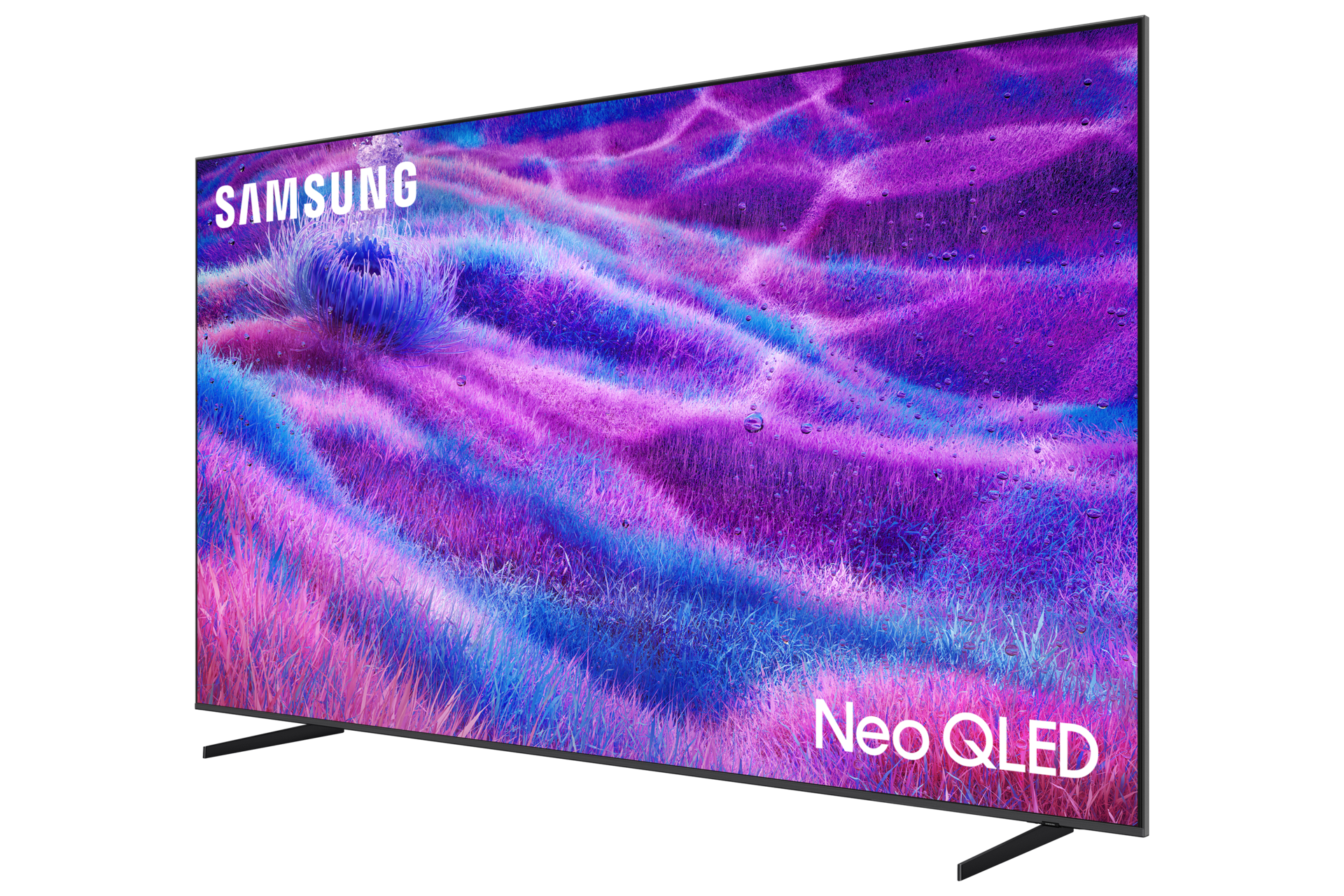 Telewizor Samsung Neo QLED wyświetla abstrakcyjną fioletowo-niebieską trawę z kroplami wody.
