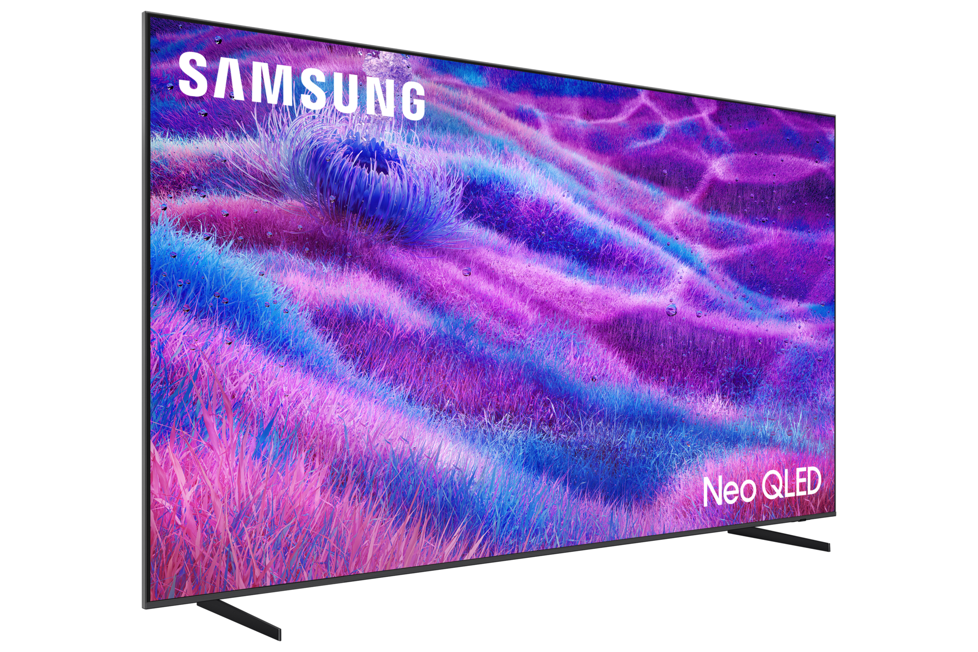 Telewizor Samsung Neo QLED z fioletowym i niebieskim krajobrazem trawiastym.