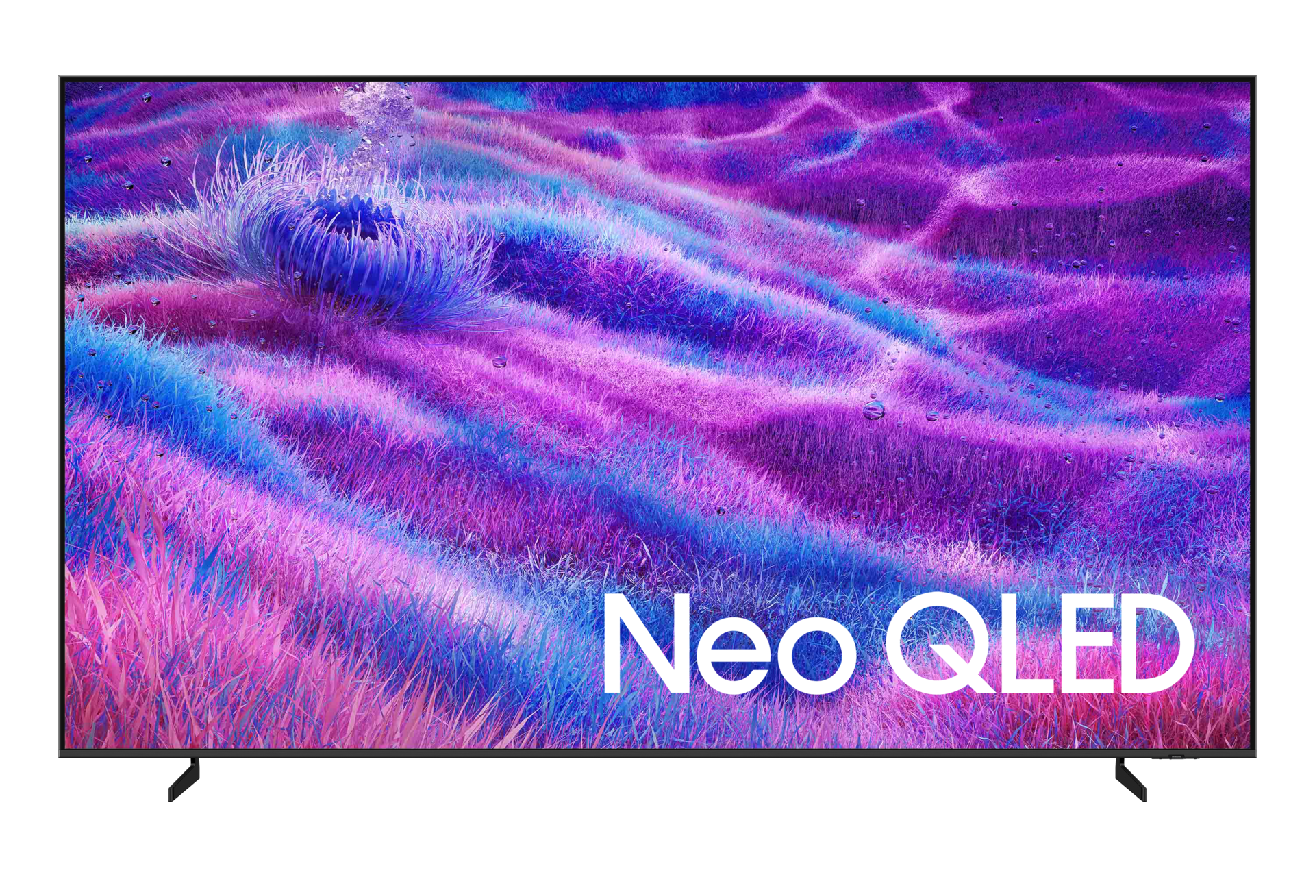 Telewizor Samsung Neo QLED wyświetla żywy, abstrakcyjny krajobraz w odcieniach fioletu i błękitu.