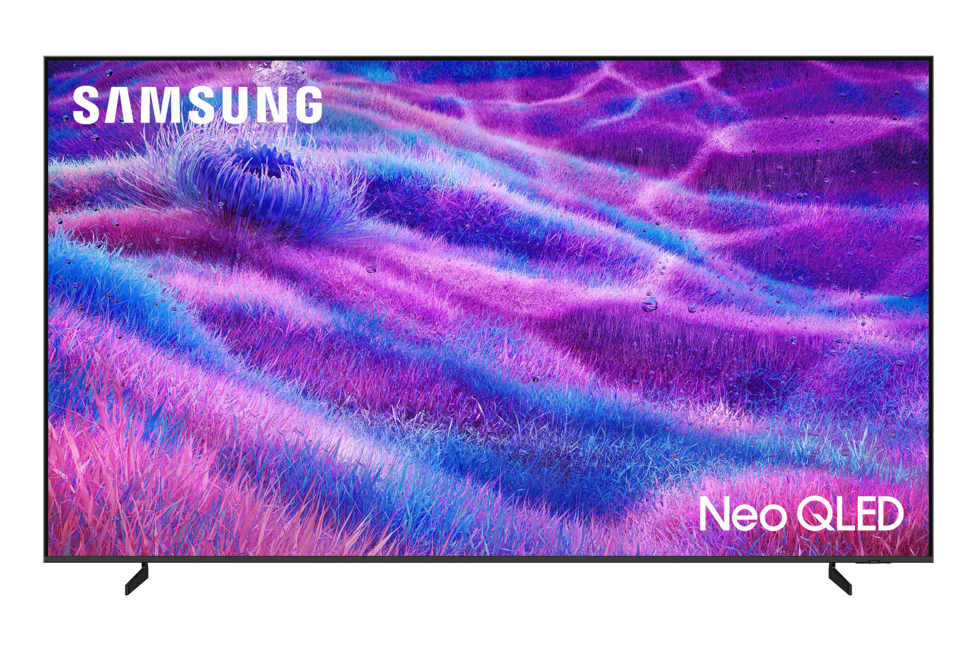 Telewizor Samsung Neo QLED wyświetla żywy, abstrakcyjny krajobraz fioletowej i niebieskiej trawy z kroplami wody.