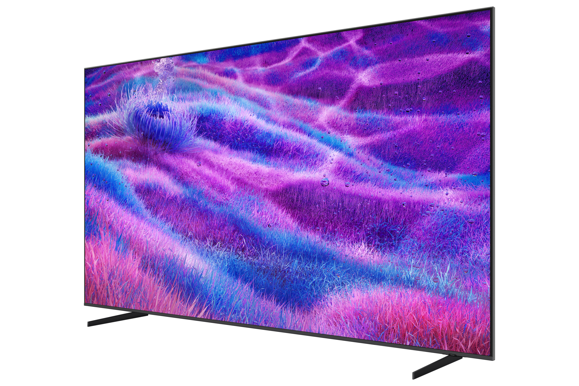 Nowoczesny telewizor wyświetla abstrakcyjny krajobraz fioletnej i niebieskiej trawy z kroplami wody.