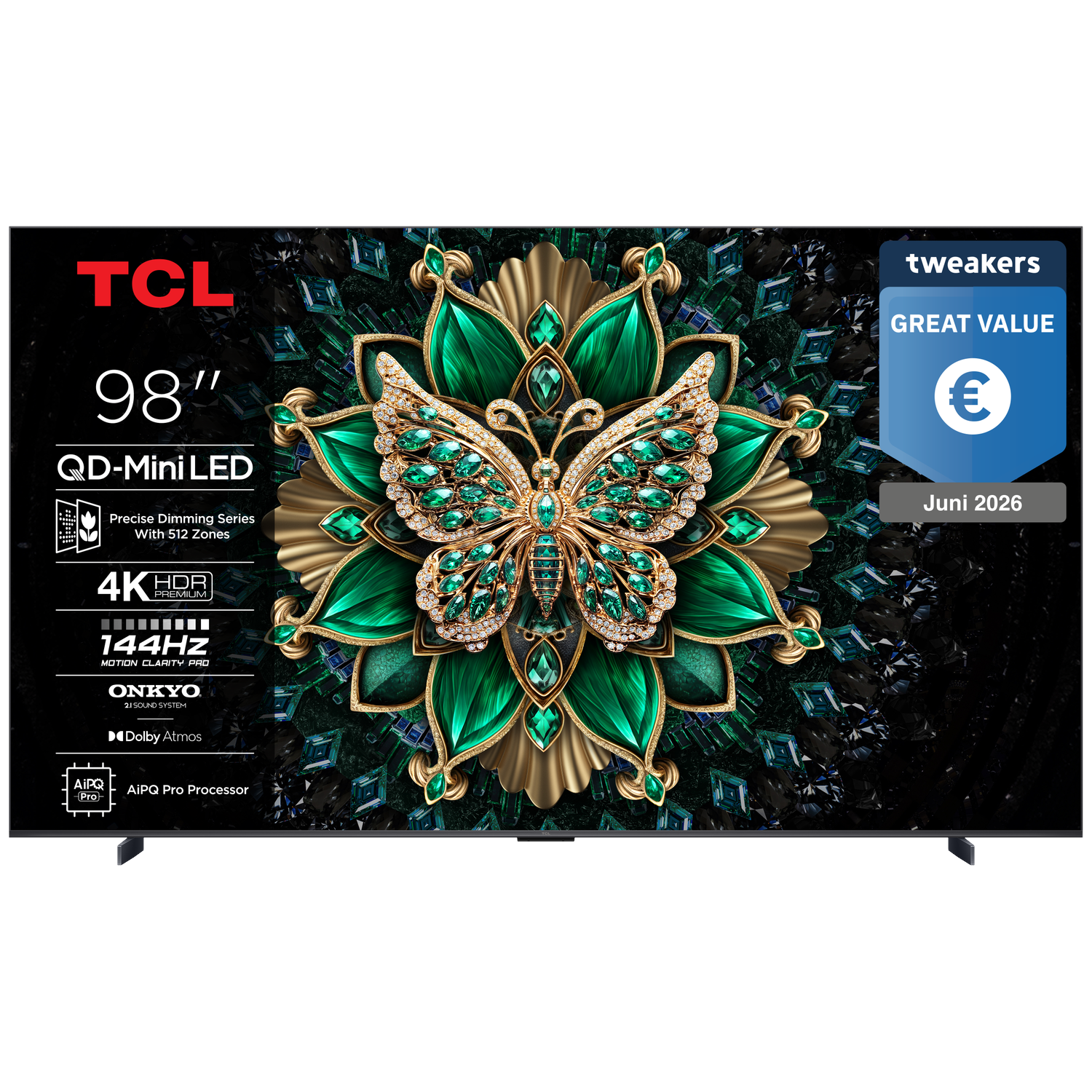 TCL 98" QD-Mini LED TV with butterfly design, 4K HDR, 144Hz, Onkyo sound.