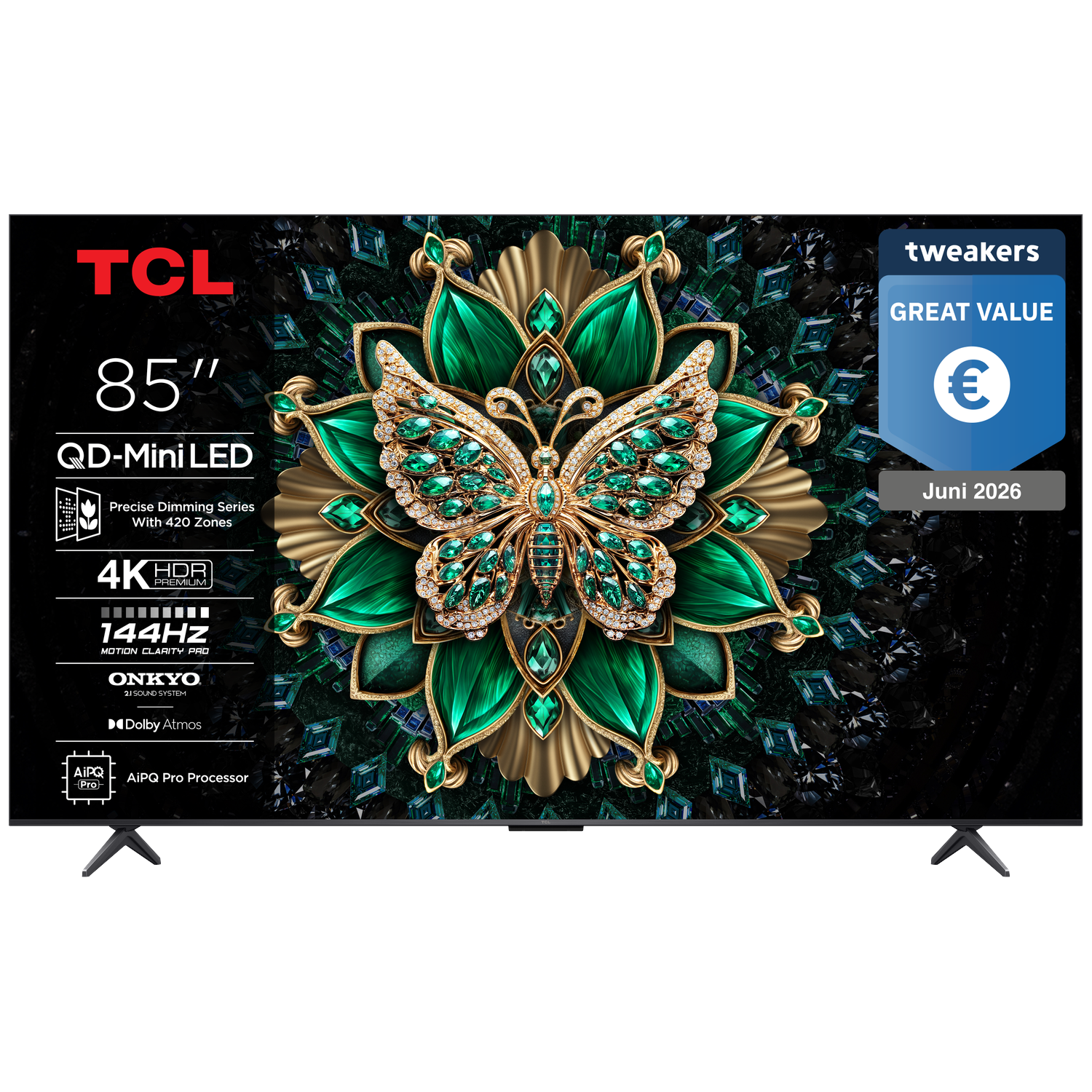 An 85-inch TCL QD-Mini LED TV featuring a butterfly design and value indicator.
