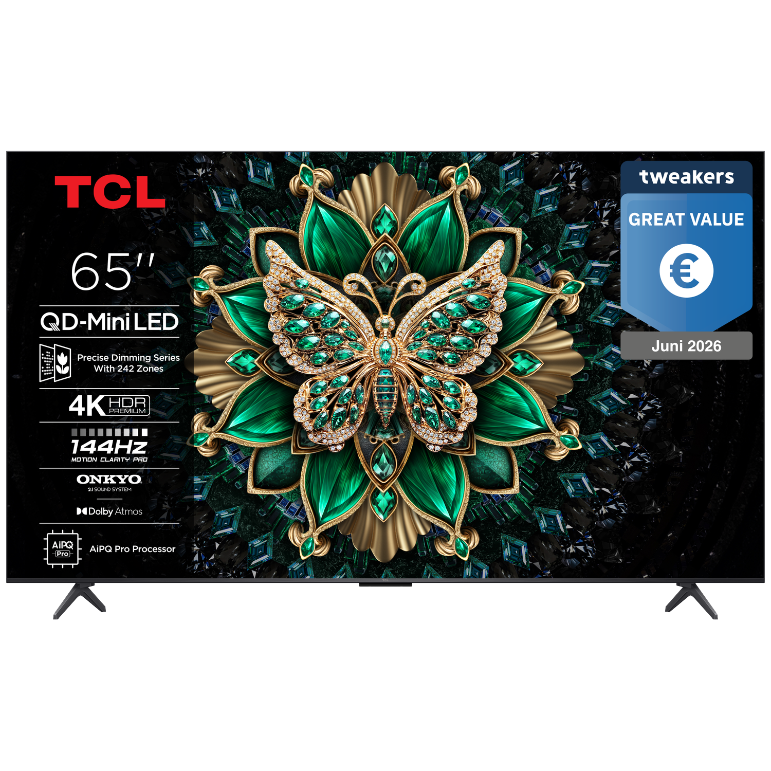TCL 65" QD-Mini LED TV met vlinderkunst, 4K HDR, 144Hz, Onkyo geluid.